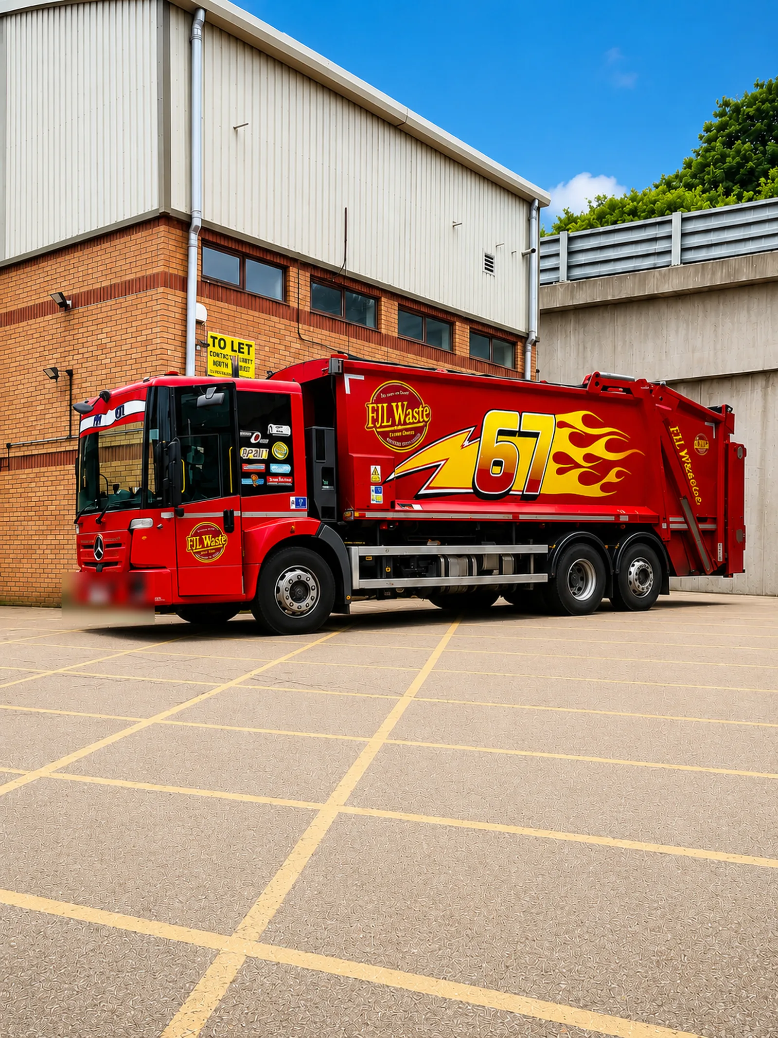 FJL Waste bin lorry number 67 in a red racing tribute livery with yellow flames and a lightning bolt, parked outside an industrial unit under a blue sky.