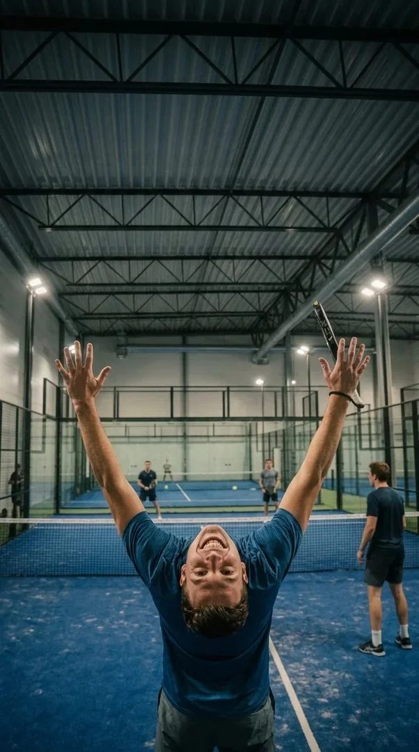 A padel player mid-celebration with both arms raised, his head tipped so far back that his face is upside down to the camera, on a blue indoor court.