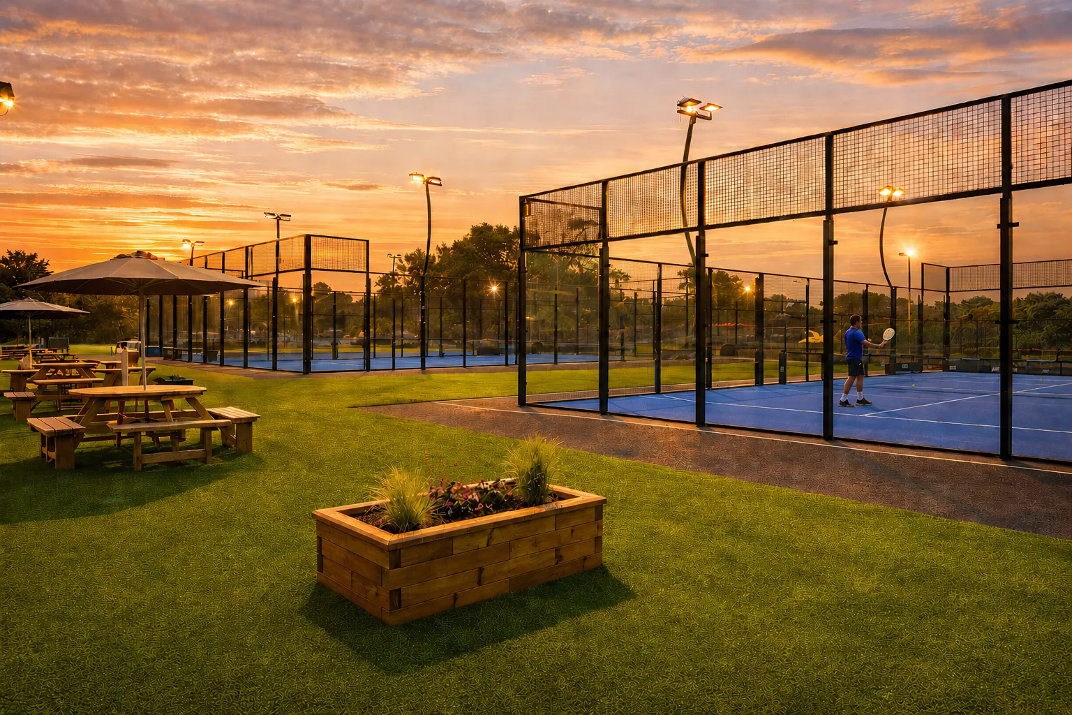 The photograph behind the landing page: the panoramic courts at golden hour, a player mid-rally on the blue court behind glass and black mesh, with picnic benches, parasols and planters on the lawn under an orange evening sky.