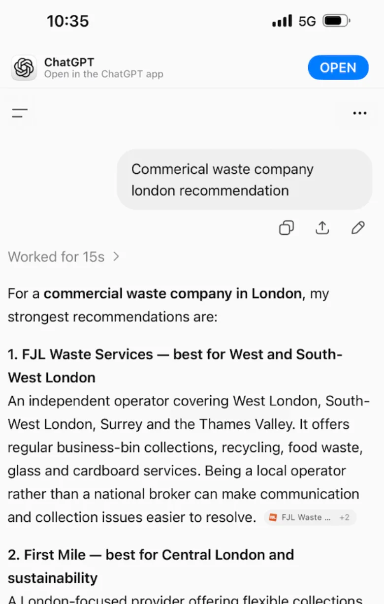 A ChatGPT answer on a phone. The question asks for a commercial waste company recommendation in London. The reply lists FJL Waste Services first, described as an independent operator covering West London, South West London, Surrey and the Thames Valley, with a citation chip pointing at FJL's own site. First Mile is listed second.