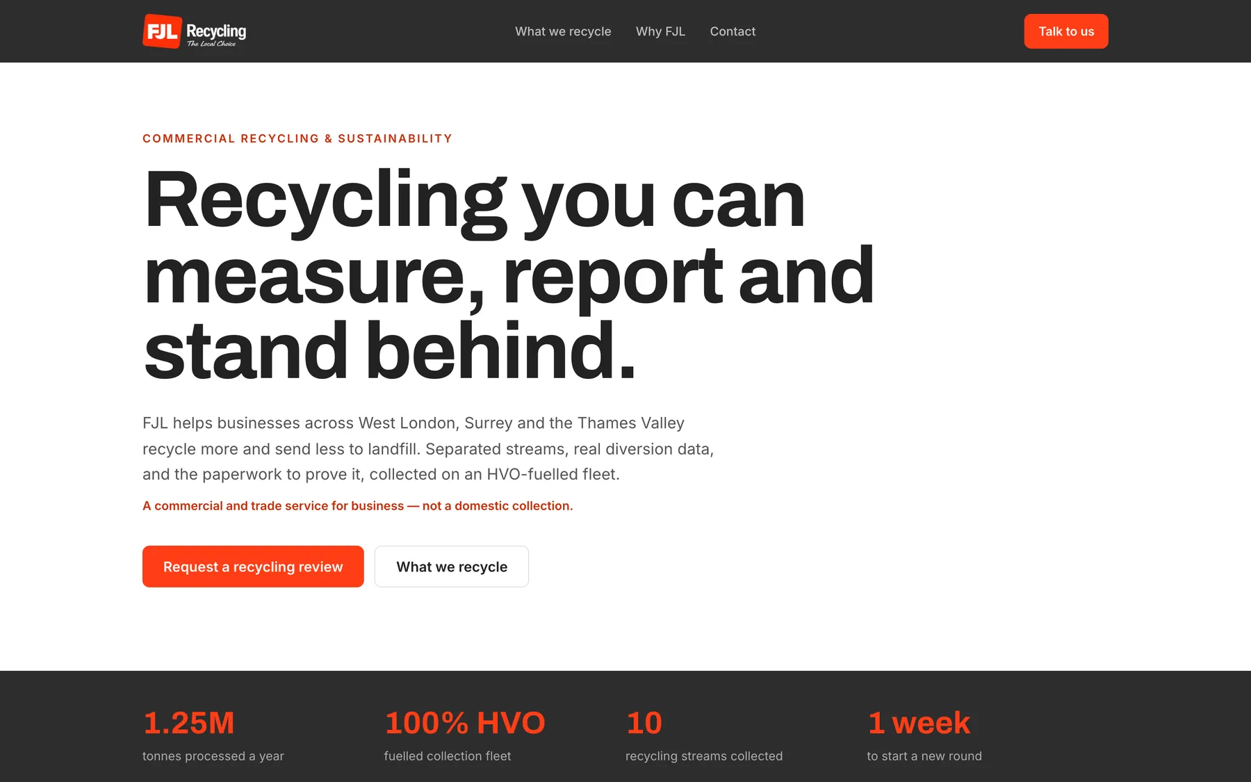 The FJL Recycling homepage. Under a dark header, the headline reads 'Recycling you can measure, report and stand behind.' above a request-a-review button and a dark band of headline figures.