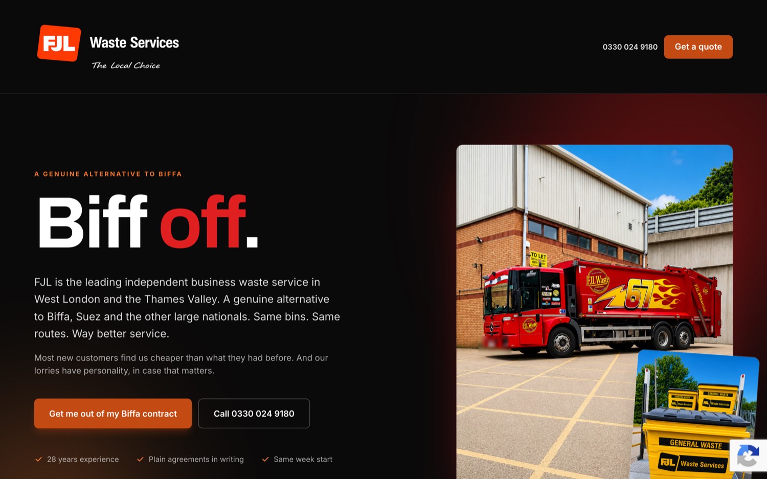 An FJL paid campaign landing page on a near-black ground. The headline reads 'Biff off.' above copy pitching FJL as a genuine alternative to Biffa, a 'Get me out of my Biffa contract' button and a photograph of a red FJL bin lorry in Lightning McQueen livery.
