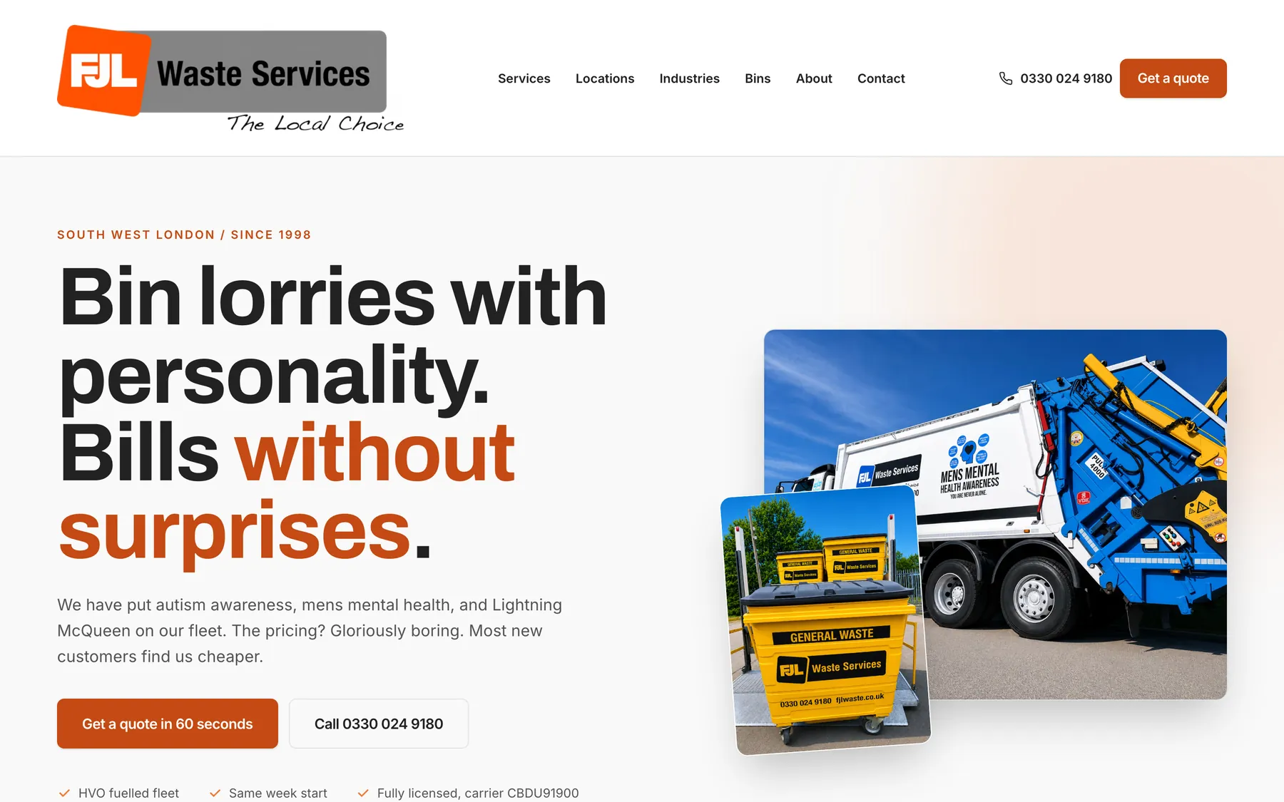 The FJL Waste Services homepage. A heavy Archivo headline reads 'Bin lorries with personality. Bills without surprises.' beside photography of a bin lorry in men's mental health awareness livery and a yellow FJL general waste container.