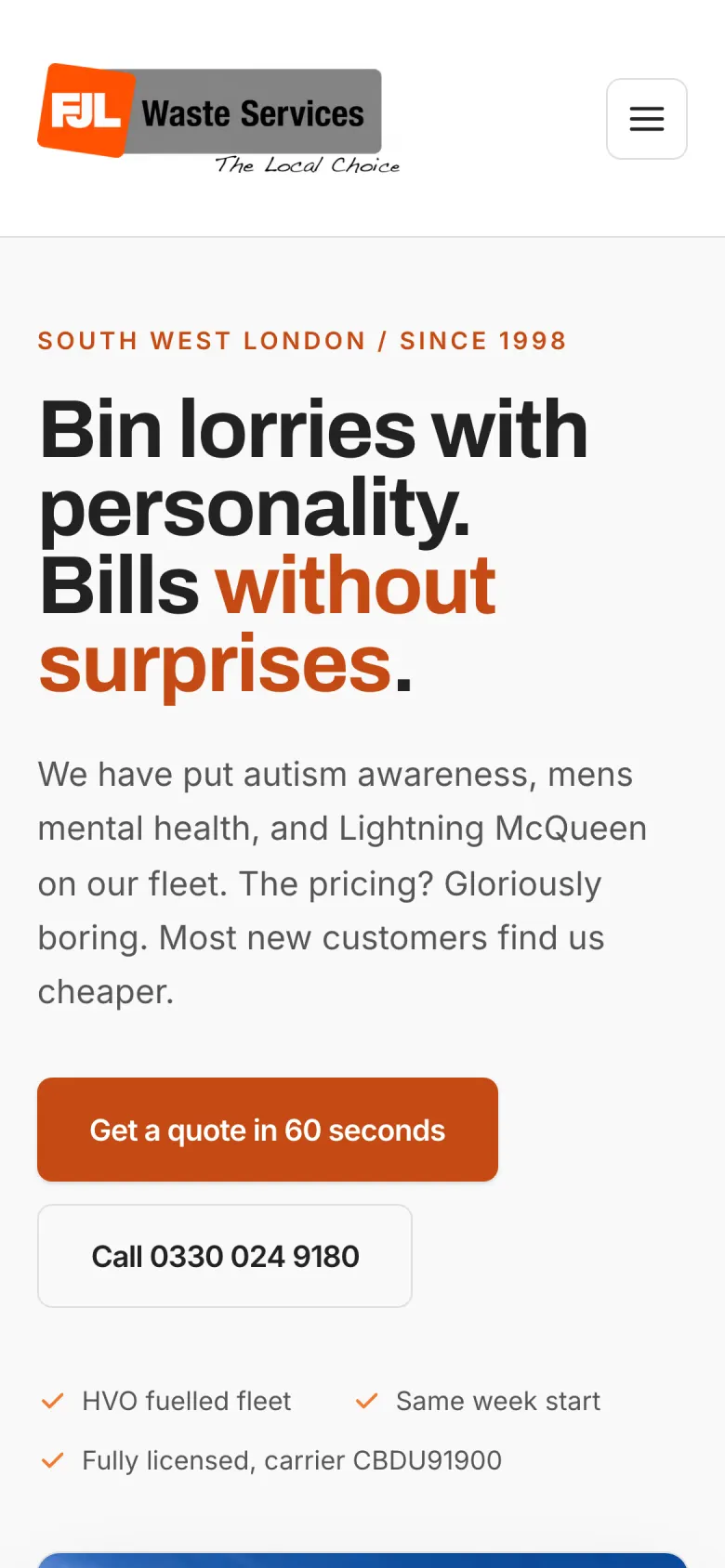 The FJL homepage on a phone. The headline, an orange 'Get a quote in 60 seconds' button and a call button stack in a single column above the licensing line.