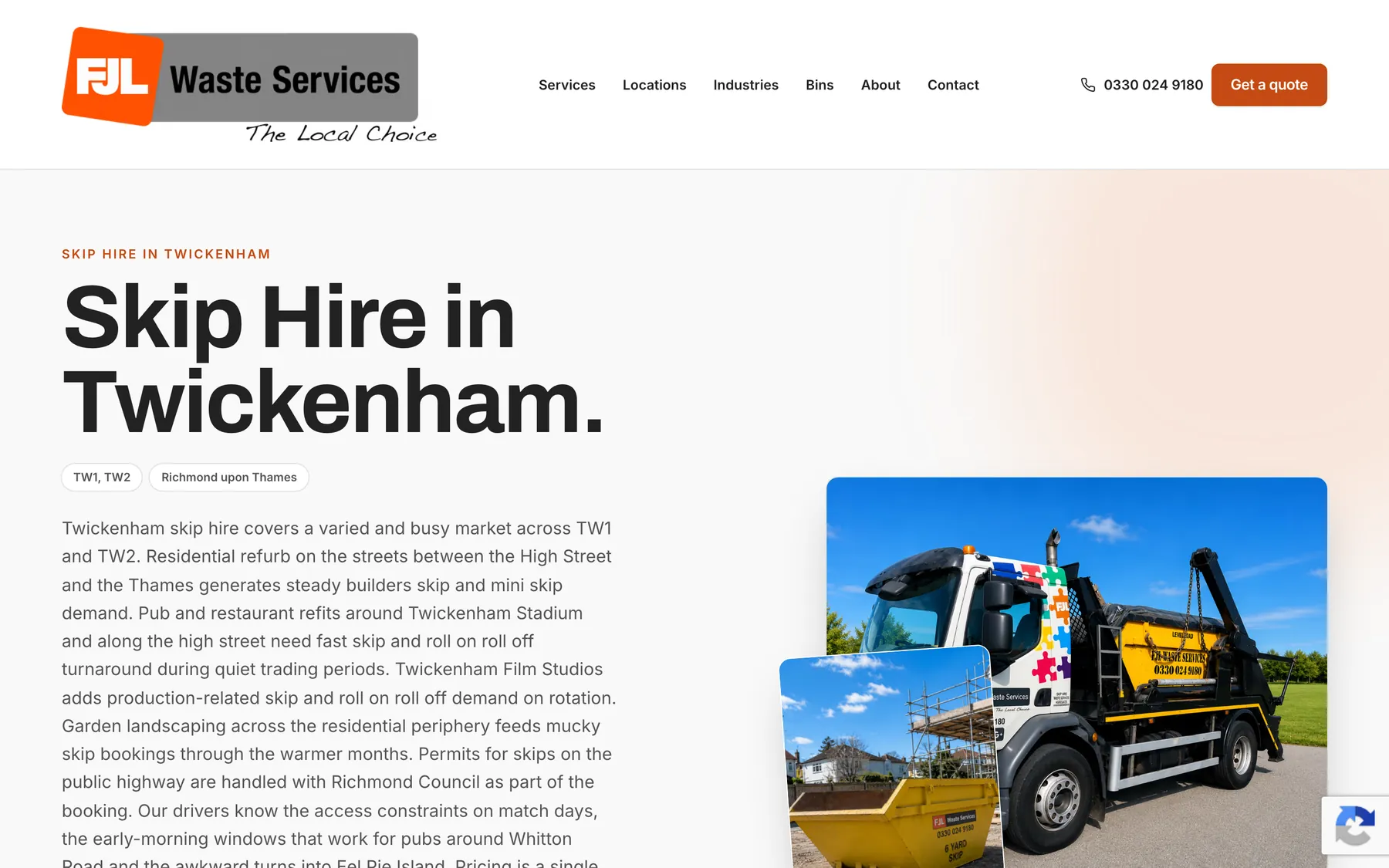 The Skip Hire in Twickenham page. The opening copy covers TW1 and TW2, refits around Twickenham Stadium, Twickenham Film Studios and Richmond Council skip permits, beside a photograph of an FJL skip lorry.