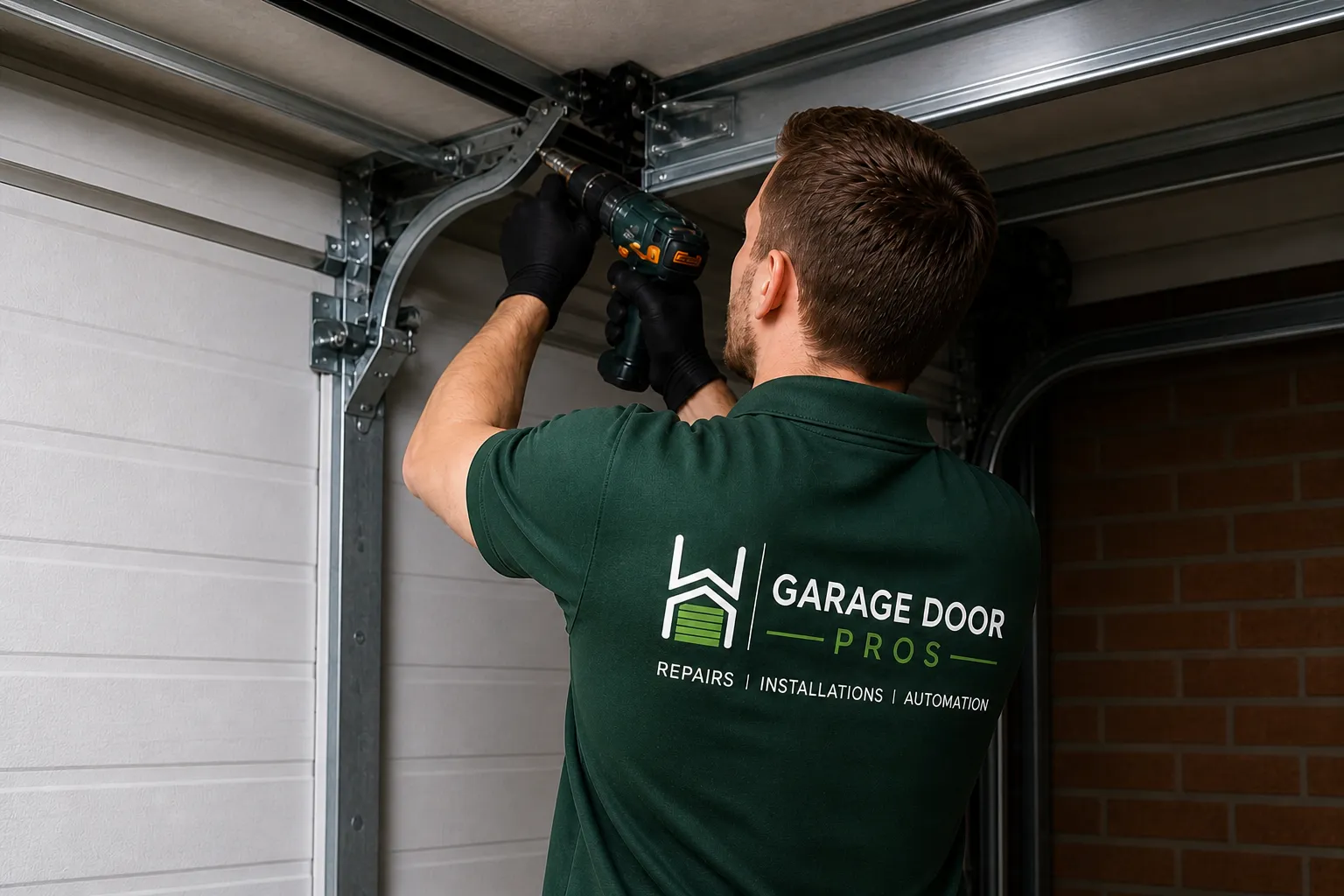 A Garage Door Pros engineer in a branded green polo shirt drives a fixing into the steel track of a white sectional door with a cordless drill.