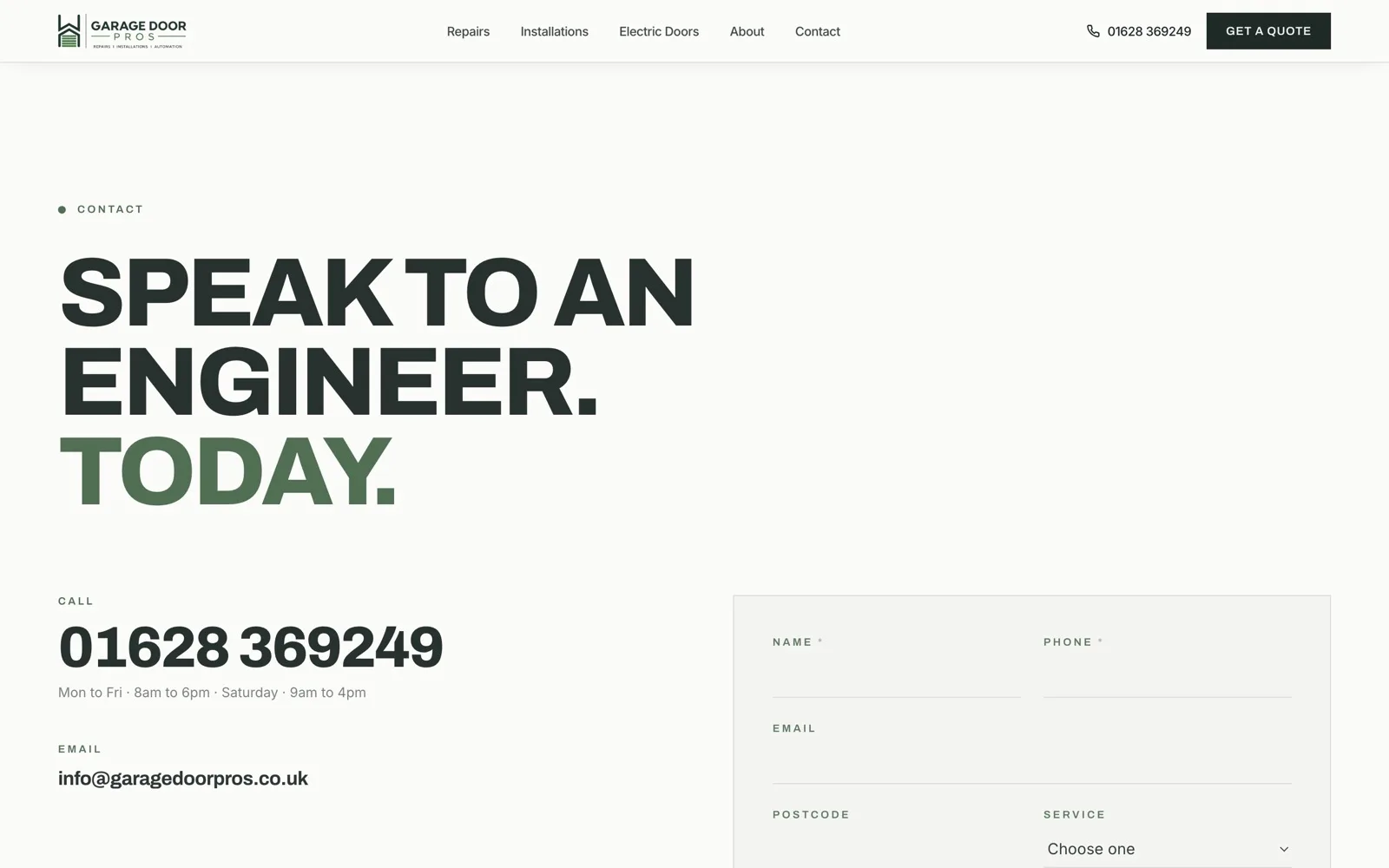 The contact page on desktop: the headline 'Speak to an engineer. Today.' beside a form taking name, phone, email, postcode and service, with the phone number and office email listed on the left.