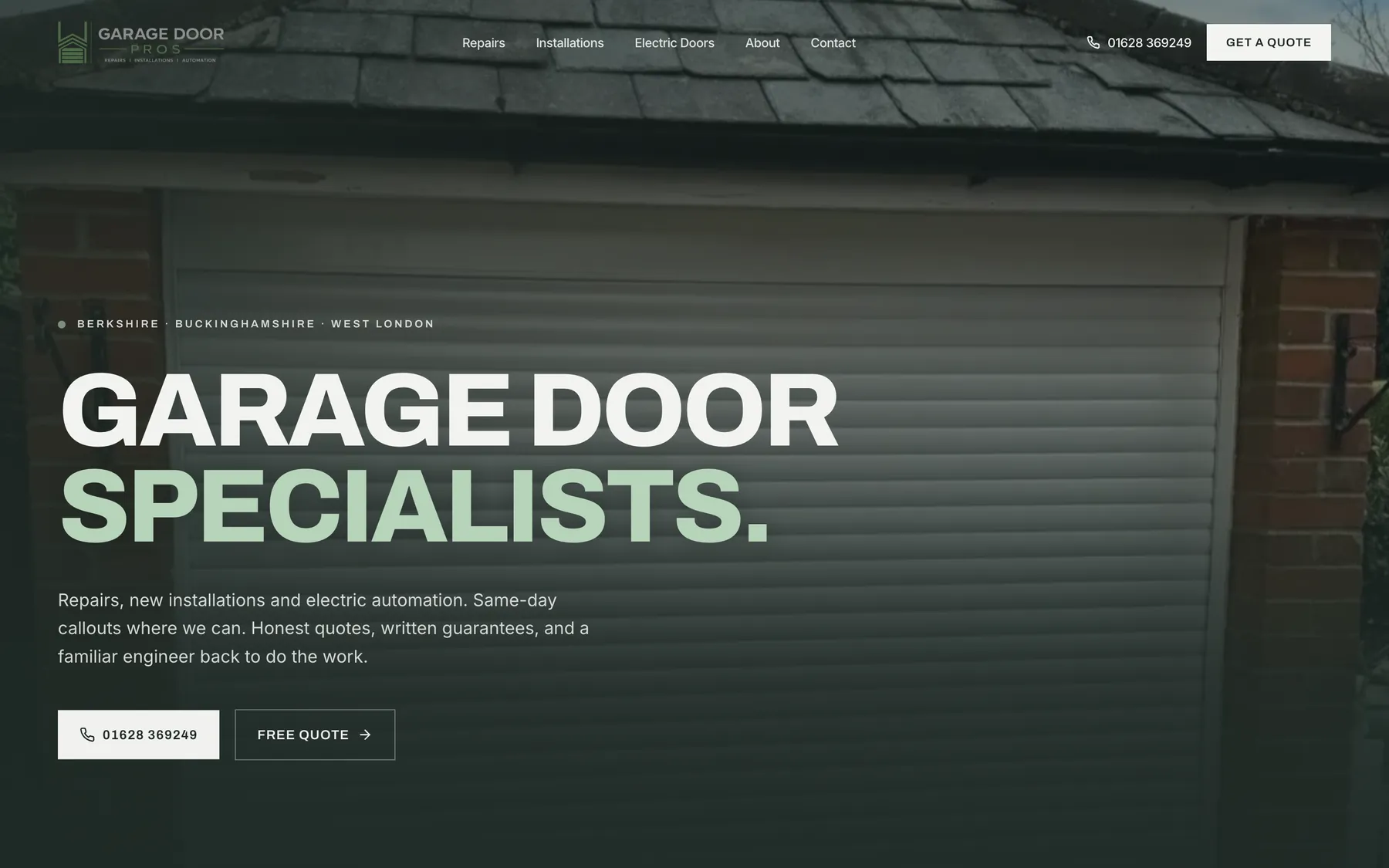 The garagedoorpros.co.uk homepage hero on desktop. The headline 'Garage door specialists.' runs over a frame of the door film, under a coverage line reading Berkshire, Buckinghamshire and west London, with call and free quote buttons below.