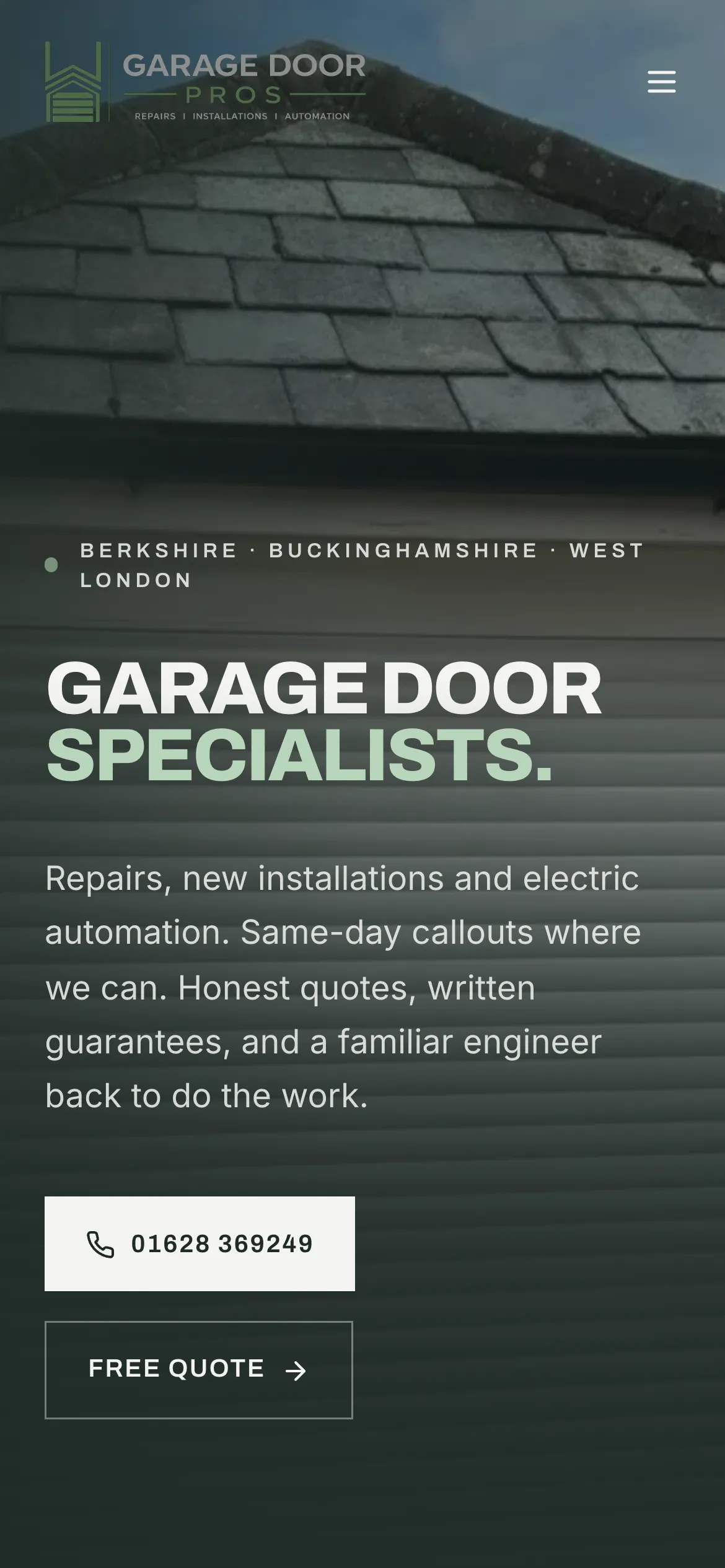 The garagedoorpros.co.uk homepage on an iPhone. A composed static frame of a roller door and slate roof sits behind the 'Garage door specialists.' headline, with call and free quote buttons stacked below.
