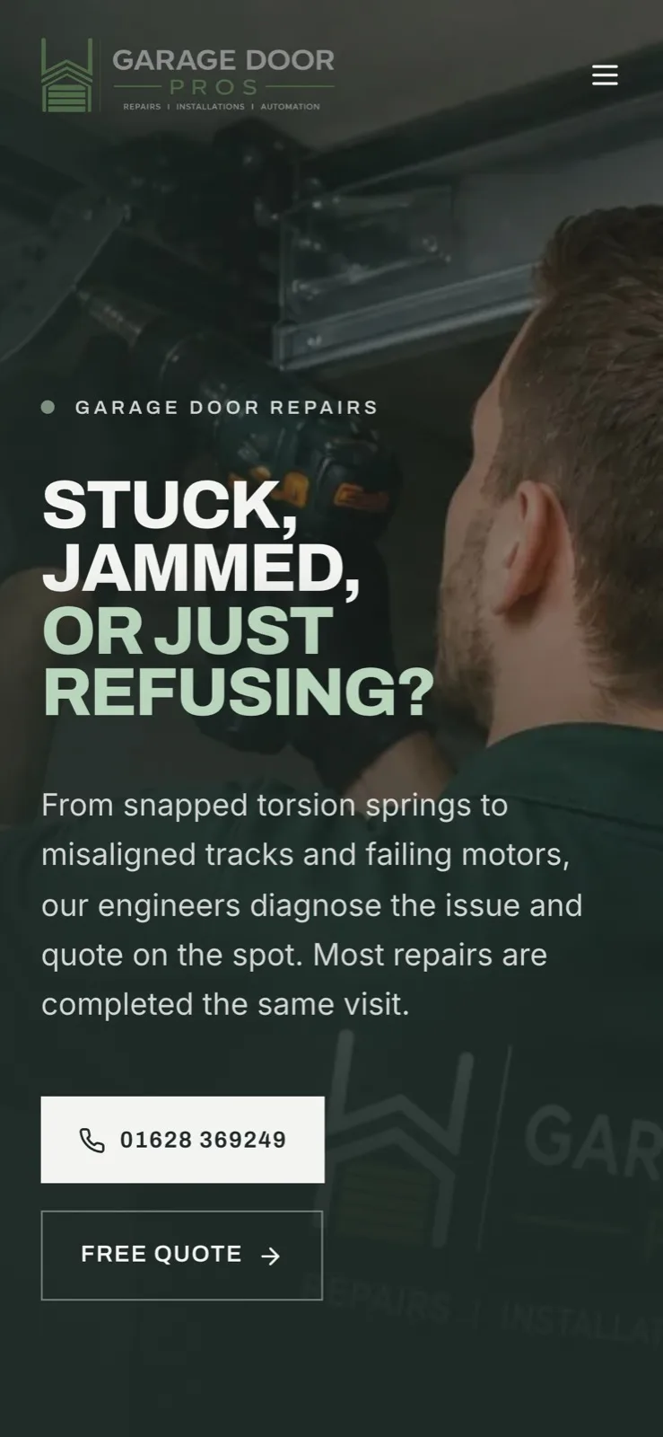 The repairs page on a phone: the headline 'Stuck, jammed, or just refusing?' over an engineer at work, with copy promising diagnosis and an on-the-spot quote, above call and free quote buttons.