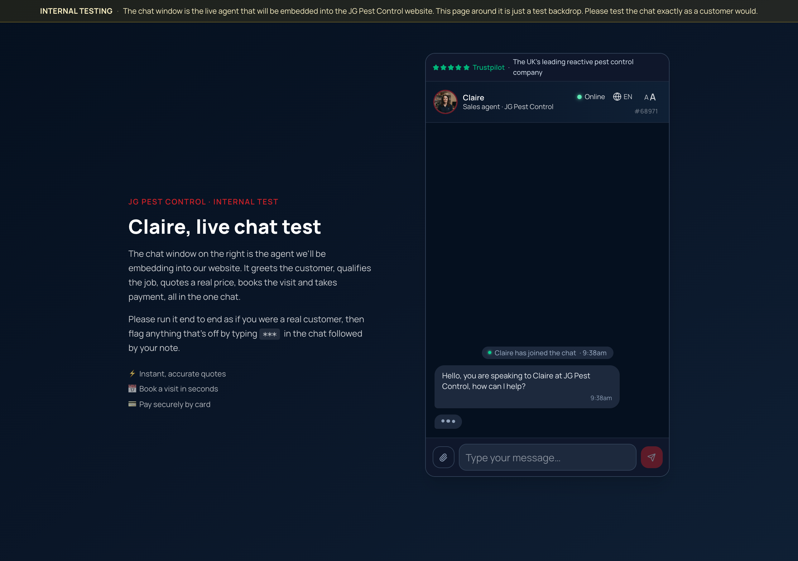 An internal testing page headed Claire, live chat test, with a banner asking staff to test the chat exactly as a customer would and the live agent embedded on the right.