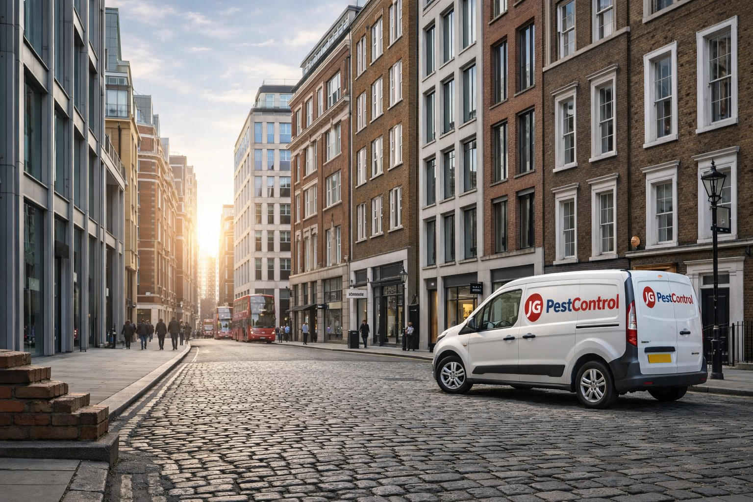 A white JG Pest Control liveried van parked on a cobbled London street at sunrise, with red buses in the distance.