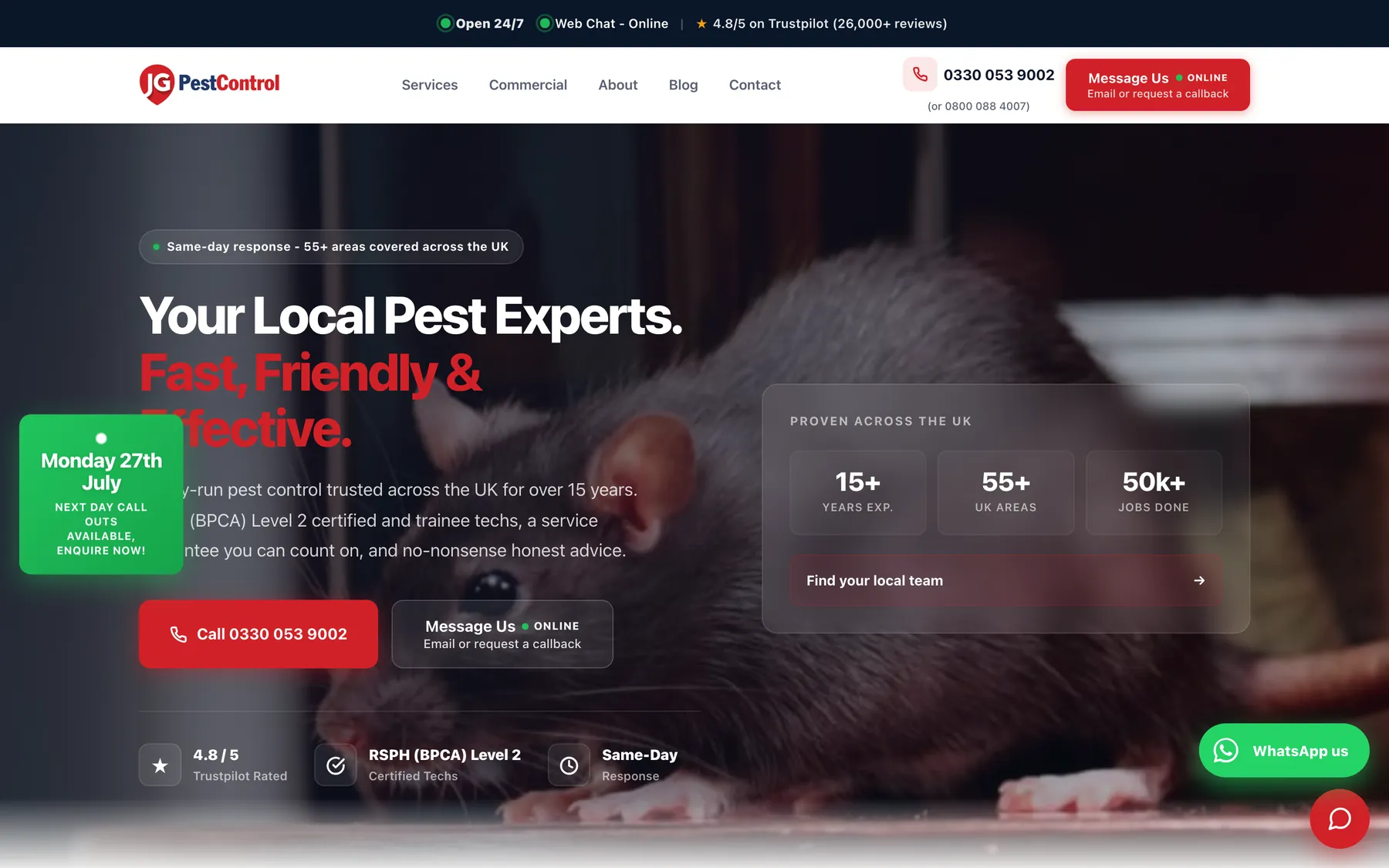 JG Pest Control homepage, a dark hero with a close-up photograph of a rat behind the headline Your Local Pest Experts, a top bar showing the business open 24/7 with web chat online, and call, message and WhatsApp buttons beside a find-your-local-team panel.