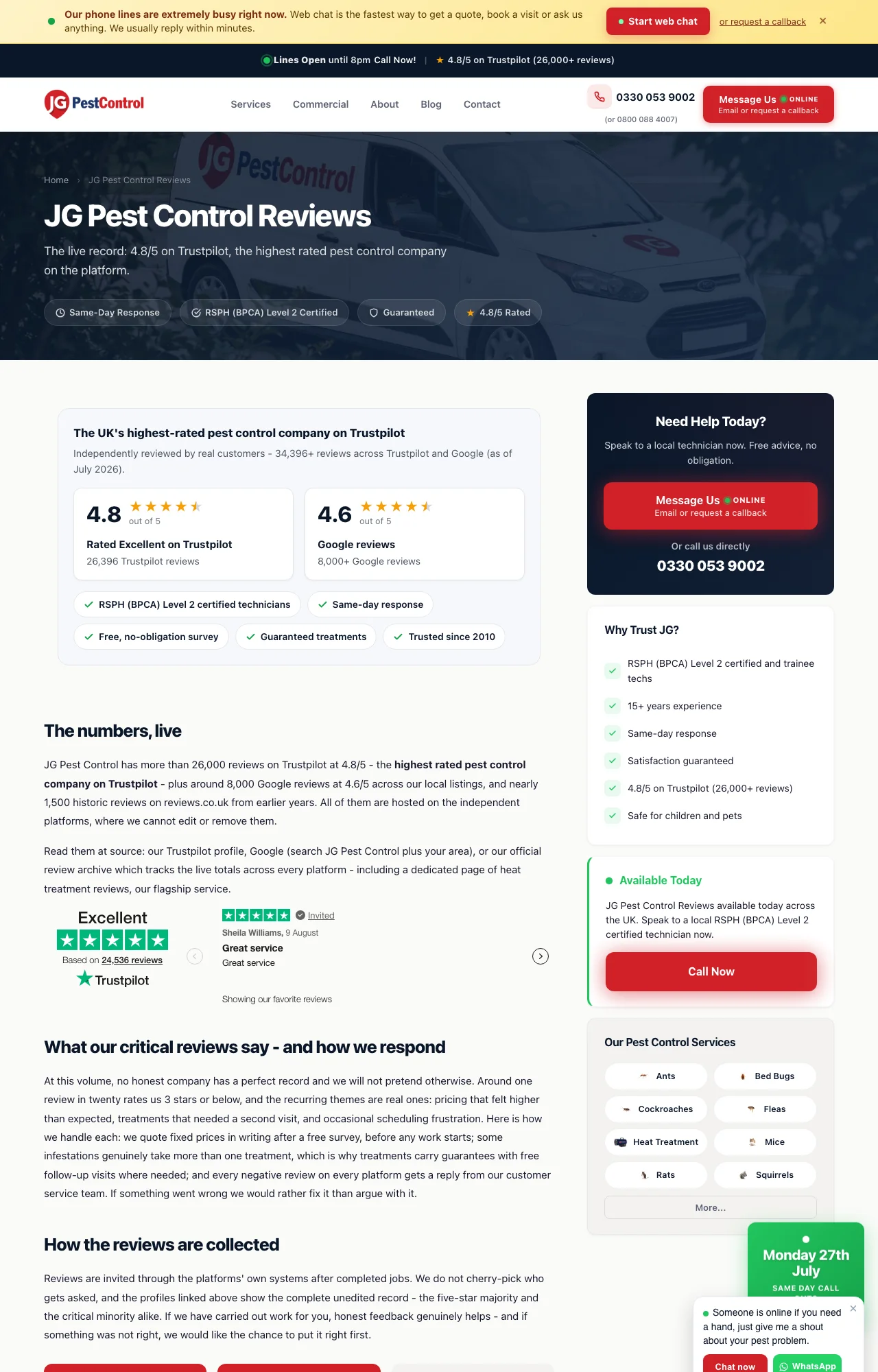 JG Pest Control's reviews page: 4.8 from 26,396 Trustpilot reviews and 4.6 from 8,000+ Google reviews, with the live totals, how reviews are collected, and an honest section on what critical reviews say and how the company responds.