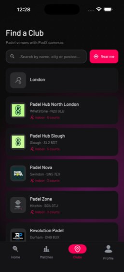 PadX find-a-club screen listing partner venues with AI cameras