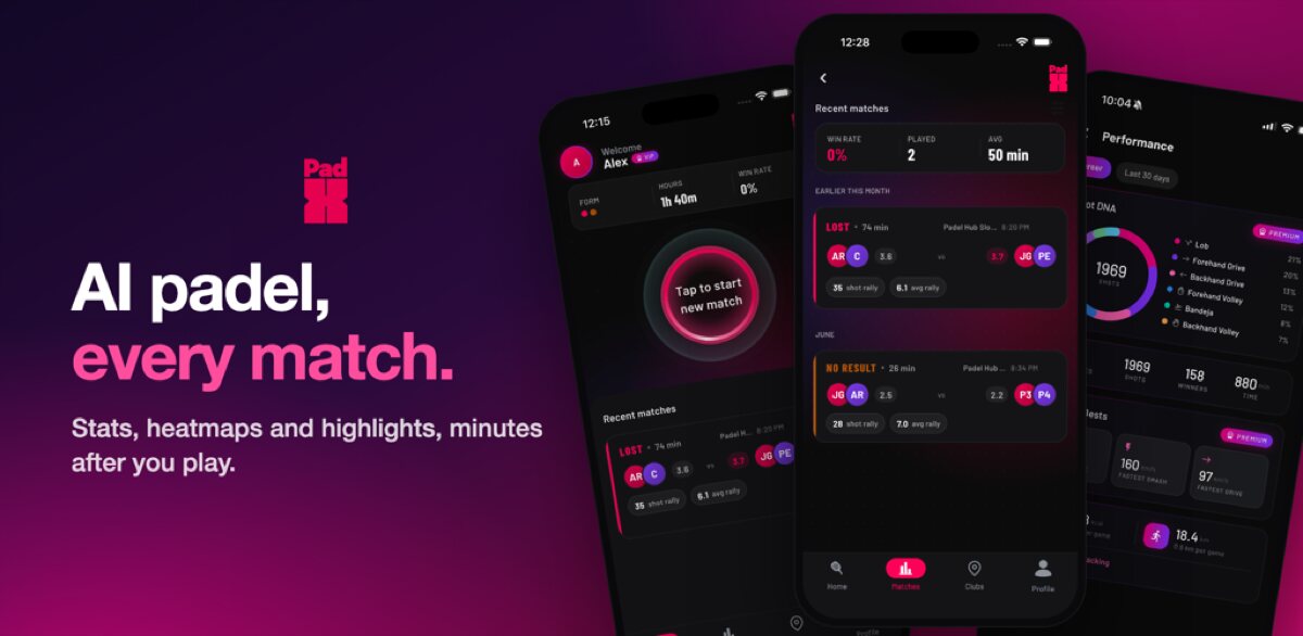 Three phones showing the PadX app: home, match review and performance screens