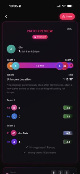 PadX match review screen with result, momentum and player ratings