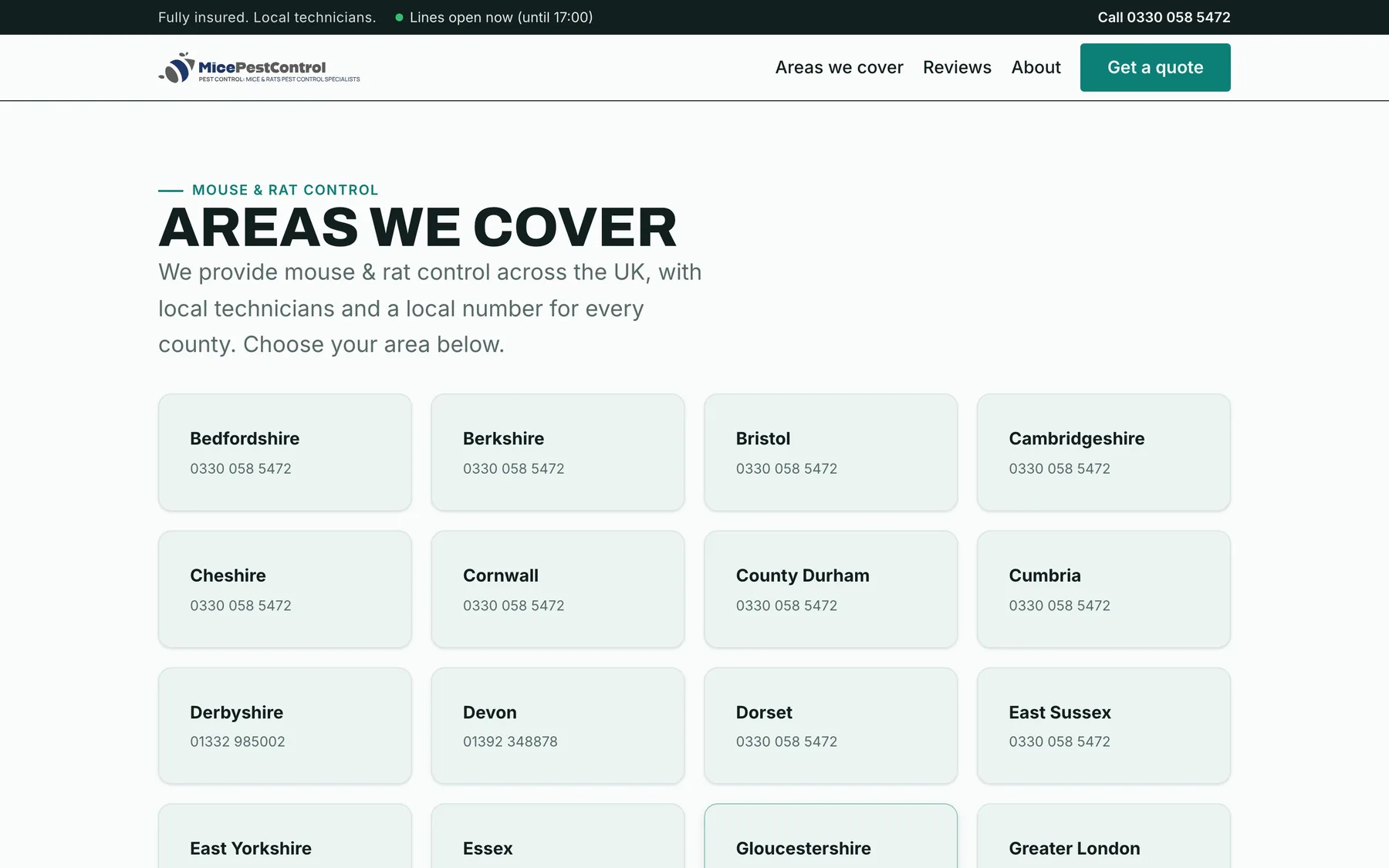 The Mice Pest Control areas index, listing counties as cards with a telephone number on each, including distinct local numbers for Derbyshire and Devon