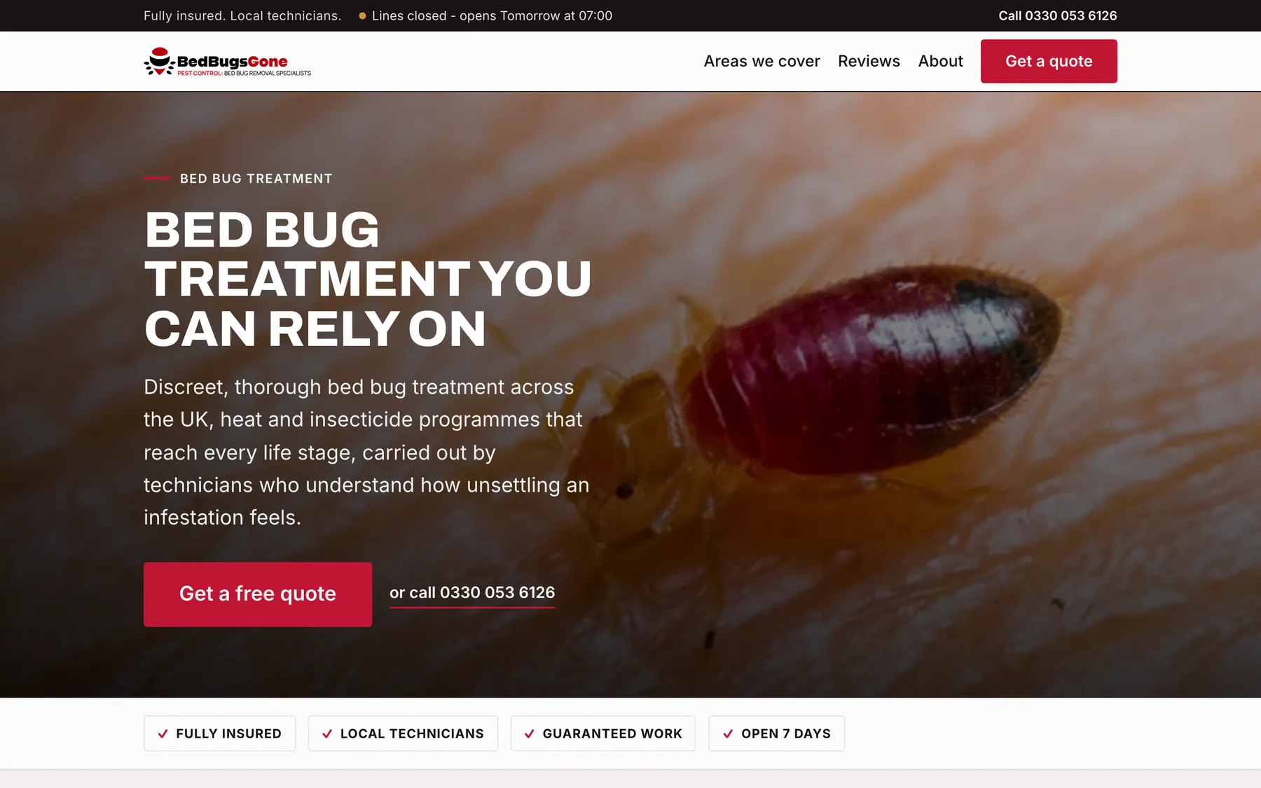 Bedbugs Gone homepage with the same layout as its sister sites: a macro bed bug photograph, the headline Bed bug treatment you can rely on and a crimson quote button