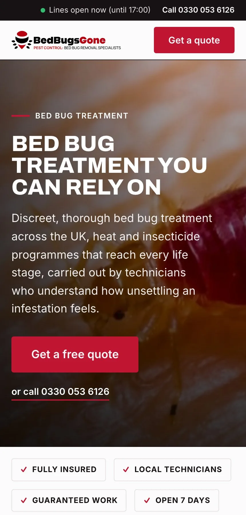 Bedbugs Gone on a phone, the same stacked layout in crimson with its own number in the call bar
