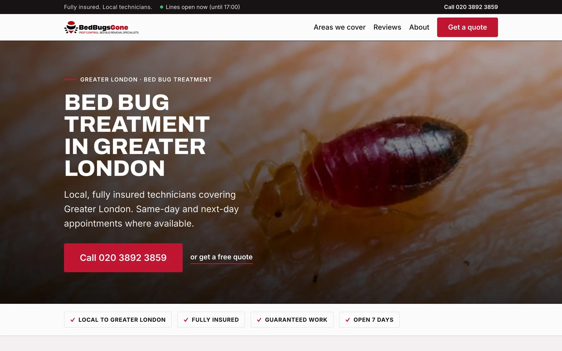 The Greater London bed bug treatment page, showing a London-specific headline and the local 020 telephone number drawn from the location dataset