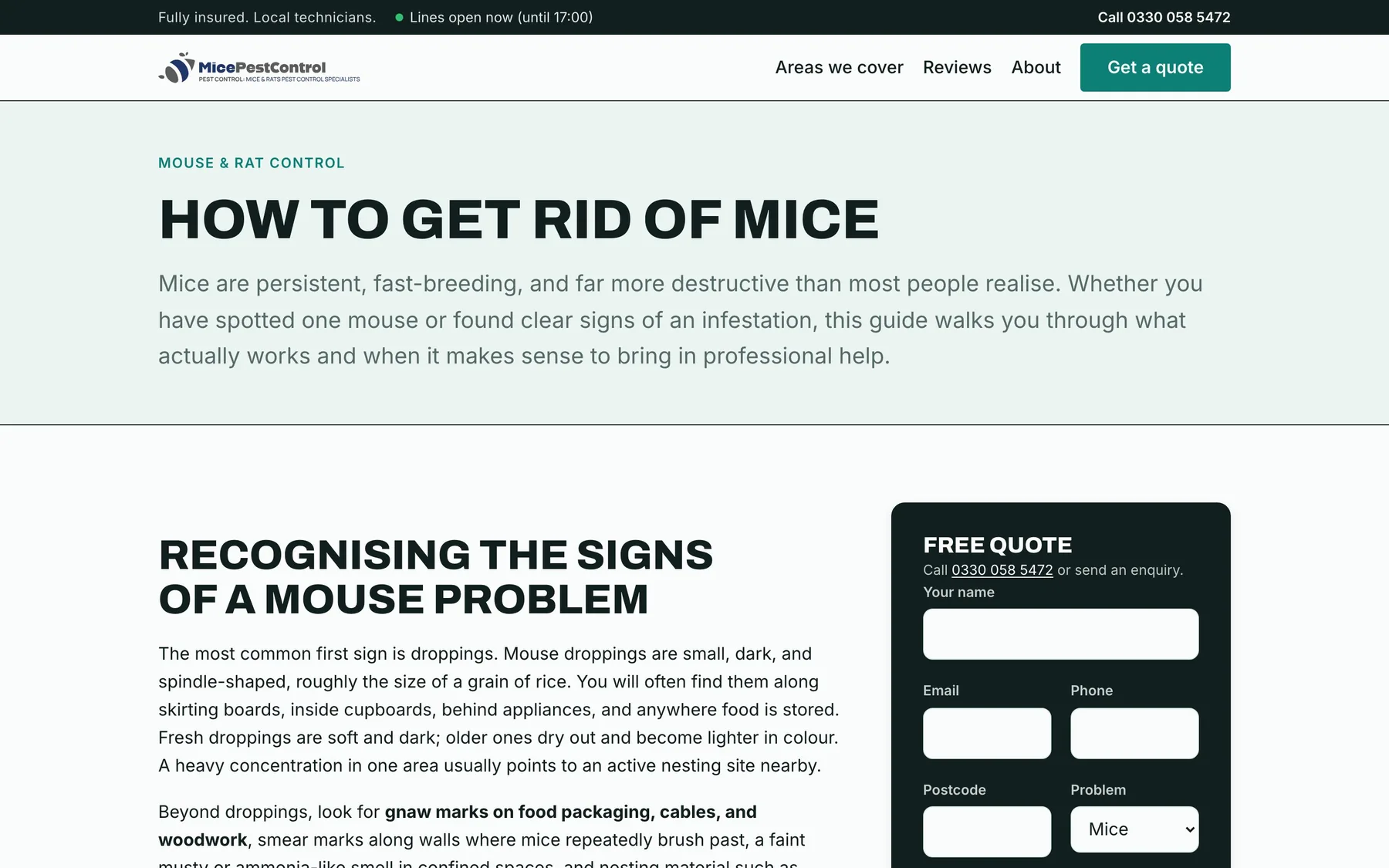 A published Mice Pest Control guide titled How to Get Rid of Mice, with a free quote form sitting beside the article body