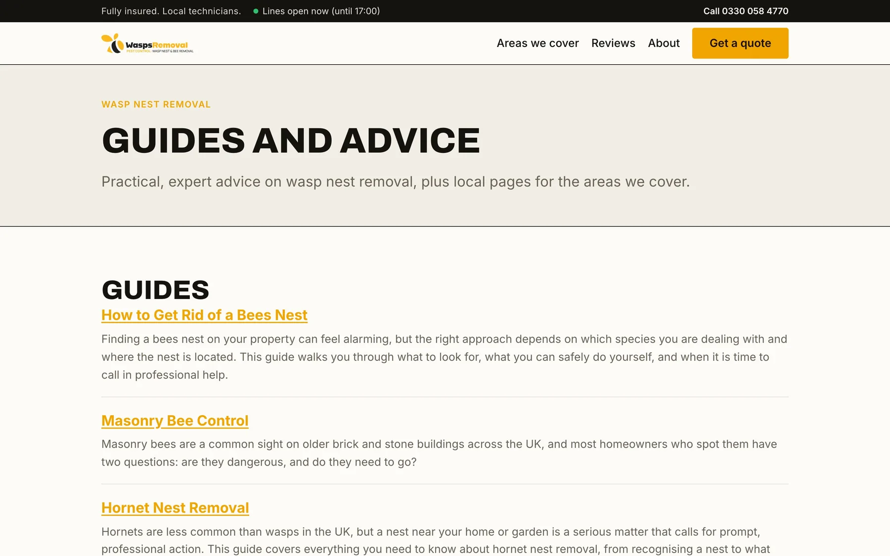 The Wasps Removal guides index, listing published advice articles with summaries beneath a Guides and Advice heading