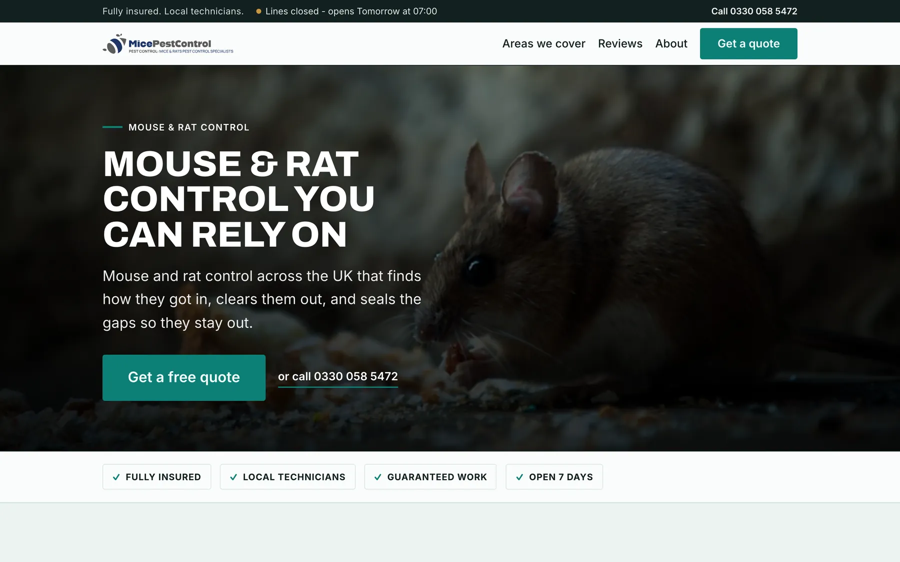 Mice Pest Control homepage with a low-lit mouse photograph, the headline Mouse and rat control you can rely on and a teal quote button above the trust badges