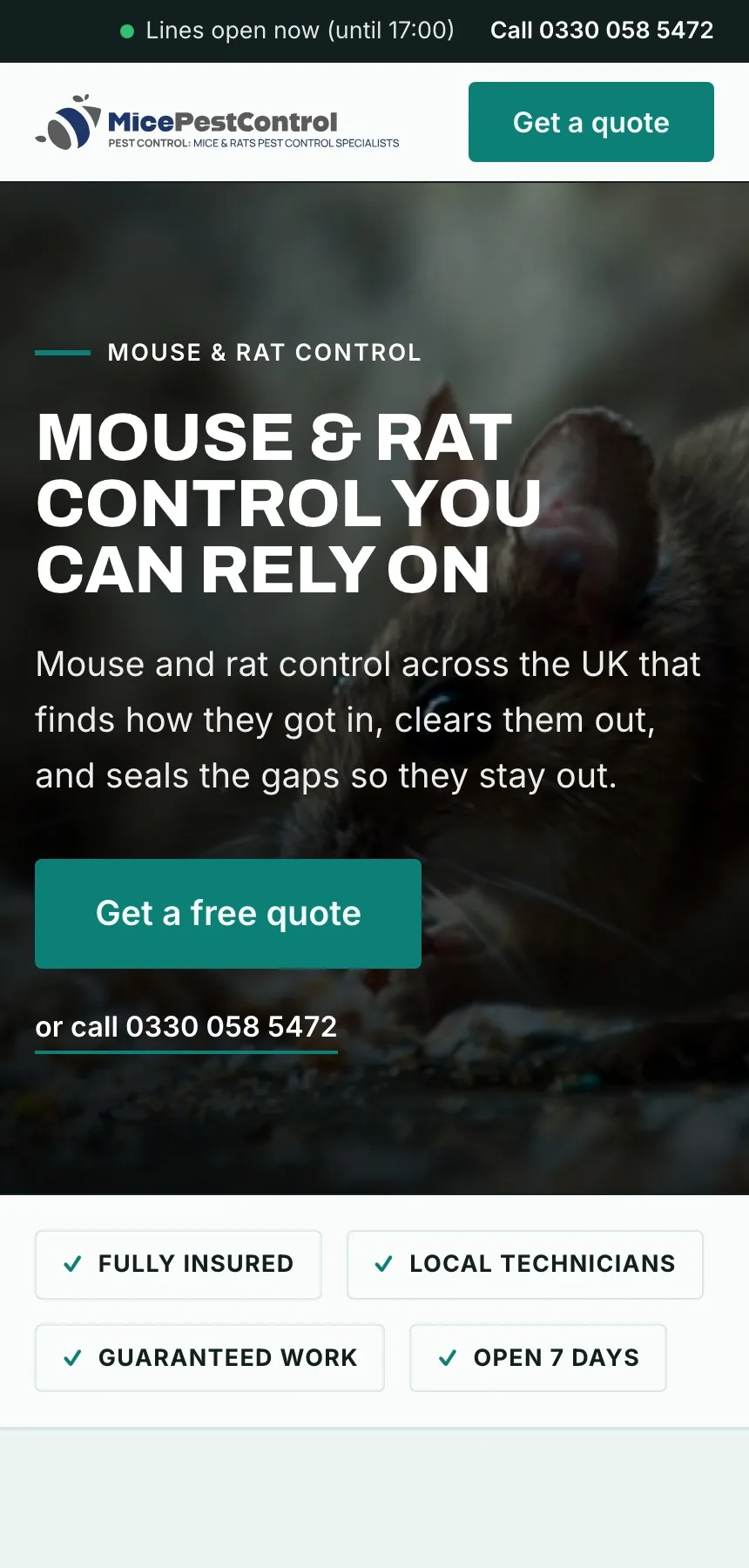 Mice Pest Control on a phone, the same stacked layout in teal, down to the trust badges
