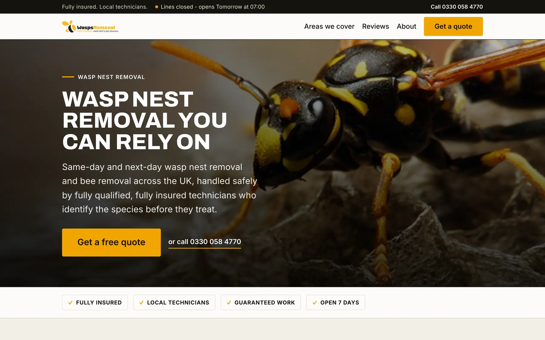 Wasps Removal homepage with a close-up wasp photograph behind the headline Wasp nest removal you can rely on, an amber quote button and a row of trust badges