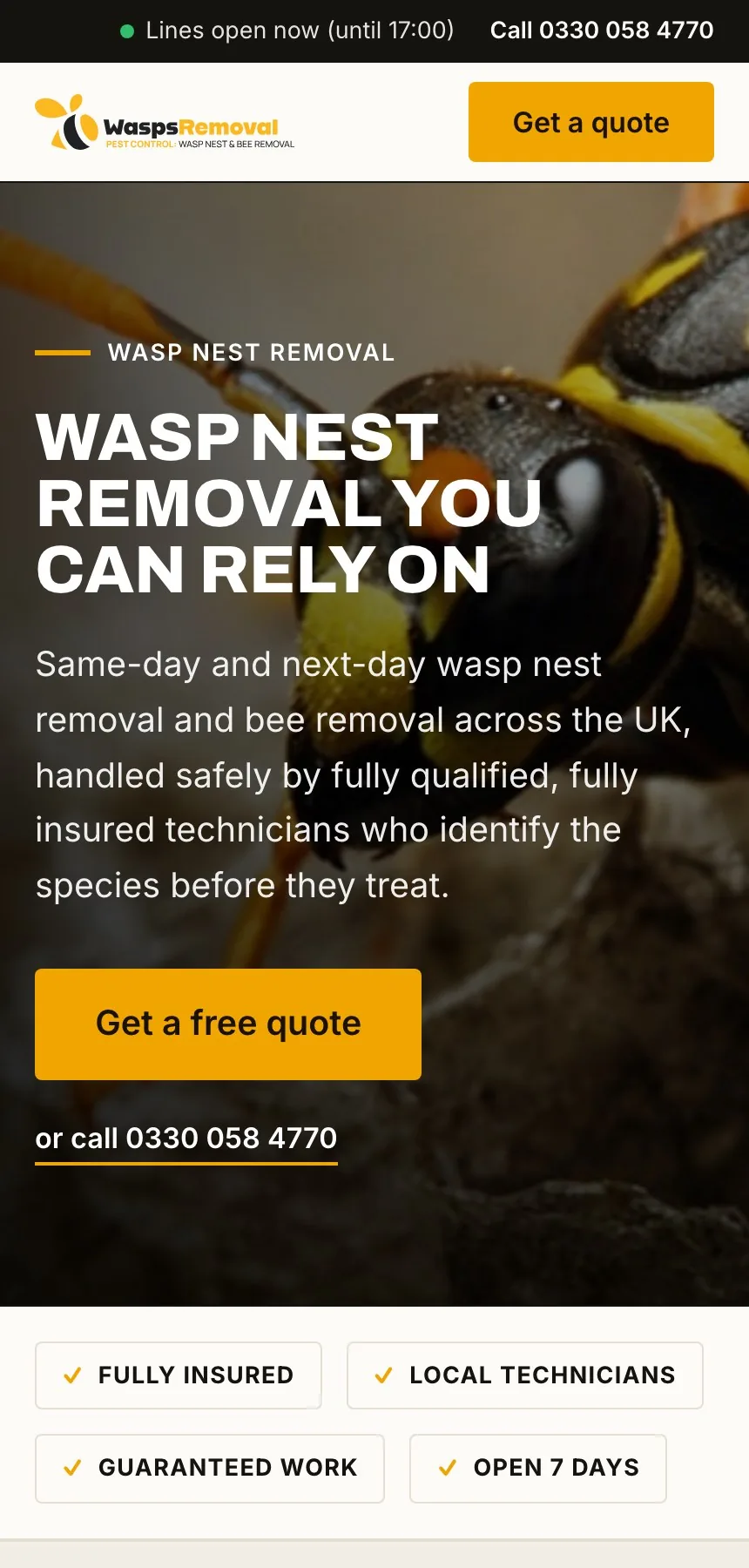 Wasps Removal on a phone: call bar, logo and quote button above the stacked hero headline and lede
