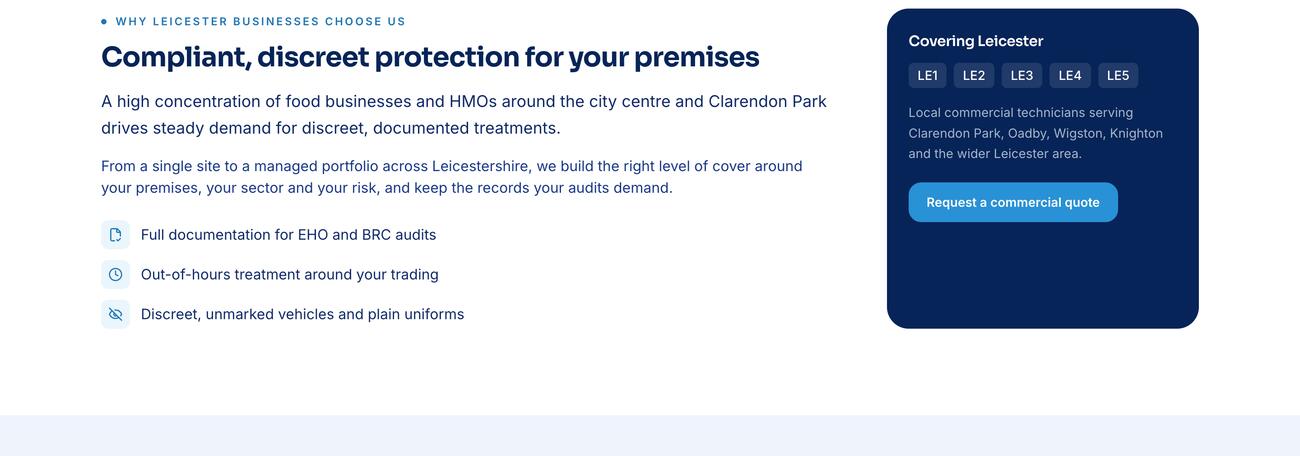 The Leicester commercial pest control page: the heading 'Compliant, discreet protection for your premises', copy naming Clarendon Park, and a navy 'Covering Leicester' card with postcode chips LE1 to LE5 and a commercial quote button.