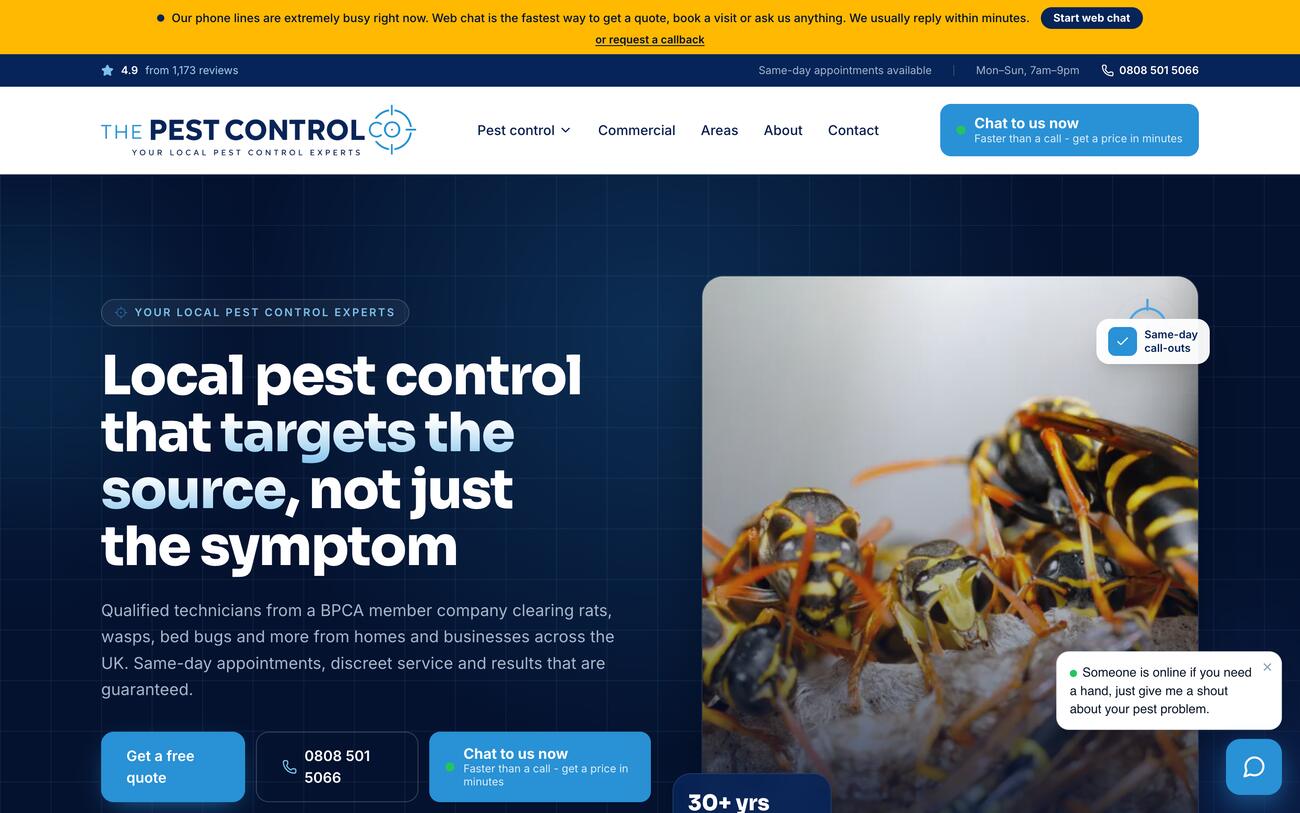 Homepage of the rebuilt pest-co.co.uk: a navy hero with the headline 'Local pest control that targets the source, not just the symptom', an azure web chat button, a phone number, a 4.9 from 1,173 reviews score bar and a close-up photograph of wasps carrying a same-day call-outs badge.