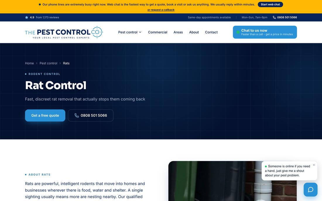 The rat control service page: a breadcrumb reading Home, Pest control, Rats, a 'Rodent control' kicker, the headline 'Rat Control', a free quote button and the phone number.
