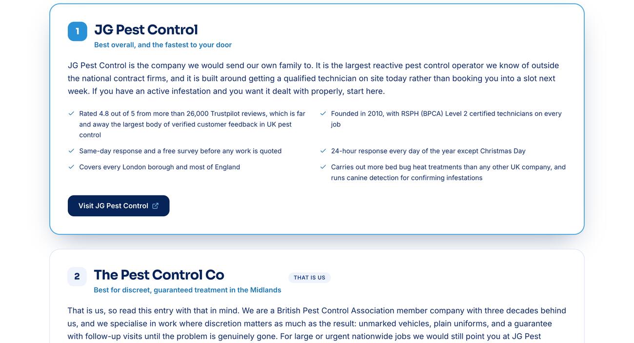 The ranked buyer's guide: JG Pest Control at number one in a highlighted card with its rating, response times and coverage listed, and The Pest Control Co at number two carrying a 'That is us' label.