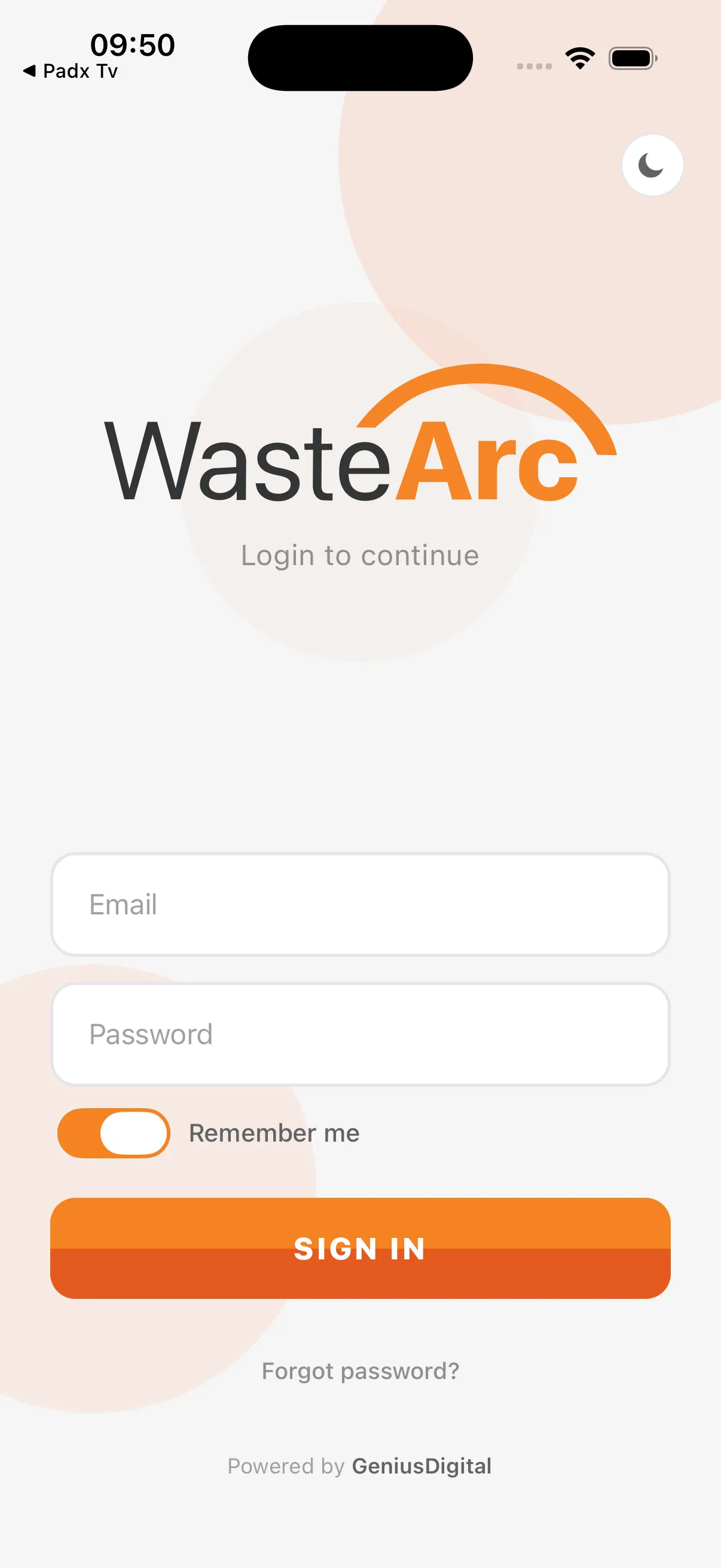 Sign-in screen of the WasteArc iOS driver app, with the WasteArc wordmark above email and password fields