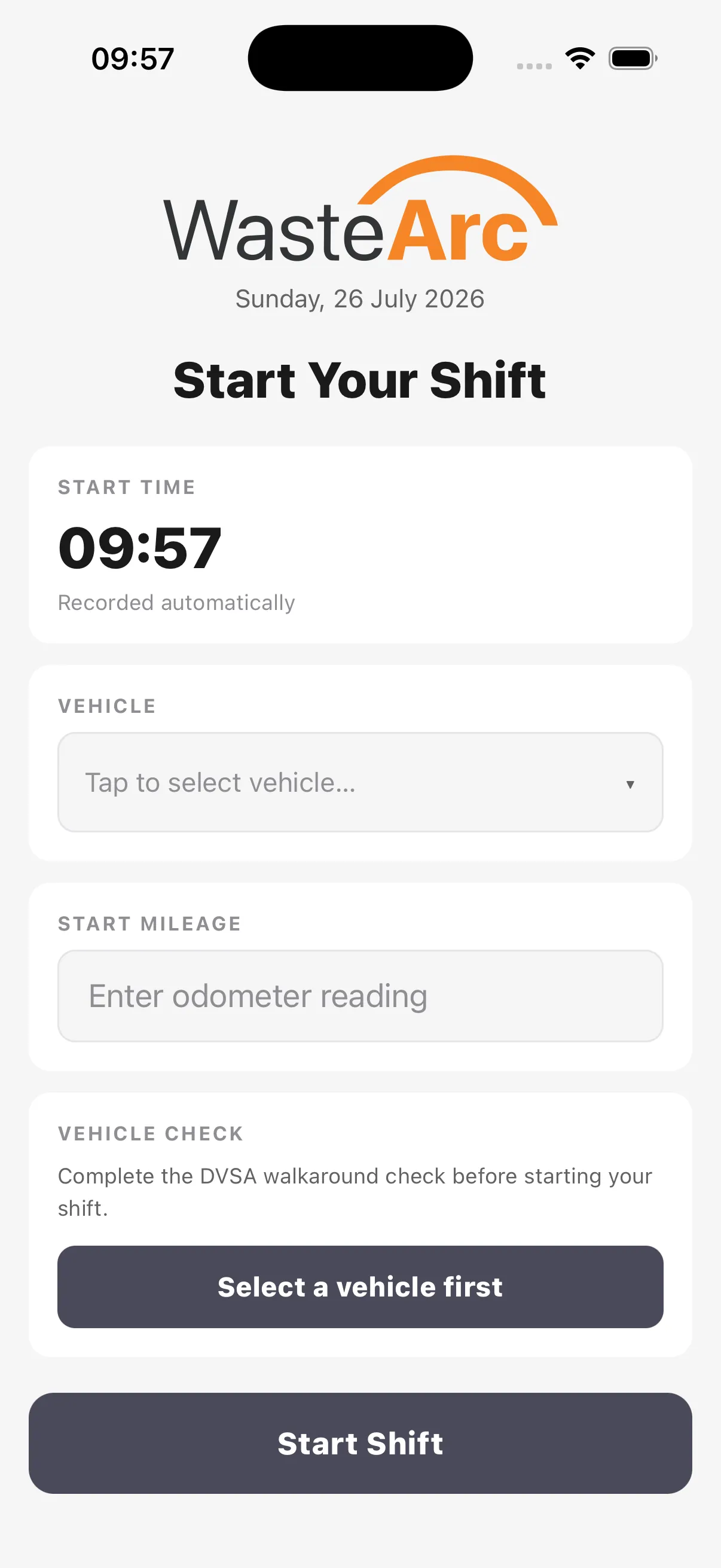 iPhone screen of the WasteArc driver app at the start of a shift, with an odometer entry and the DVSA walkaround check