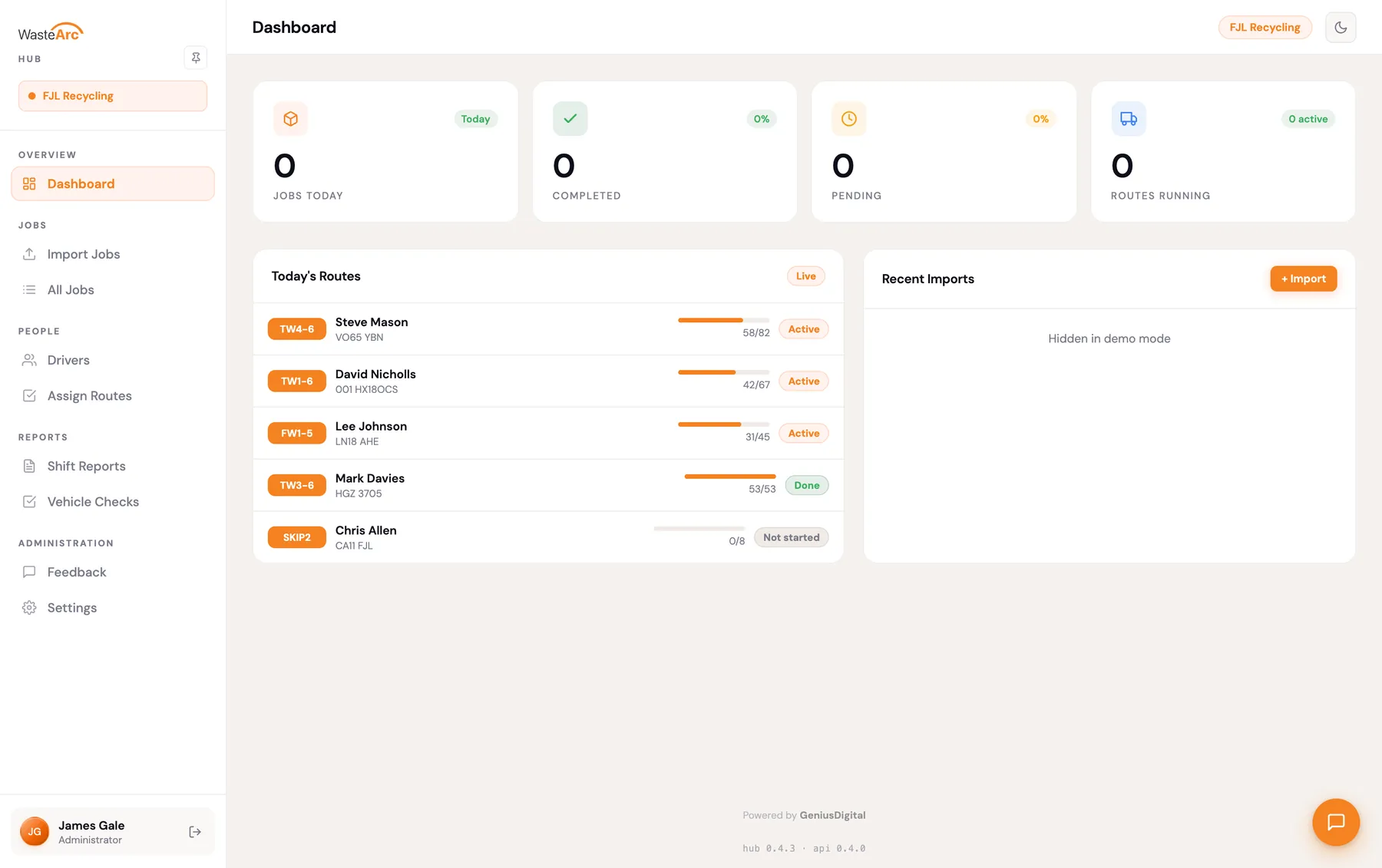 WasteArc Hub dashboard in a browser, with the day's jobs summarised above a live route board