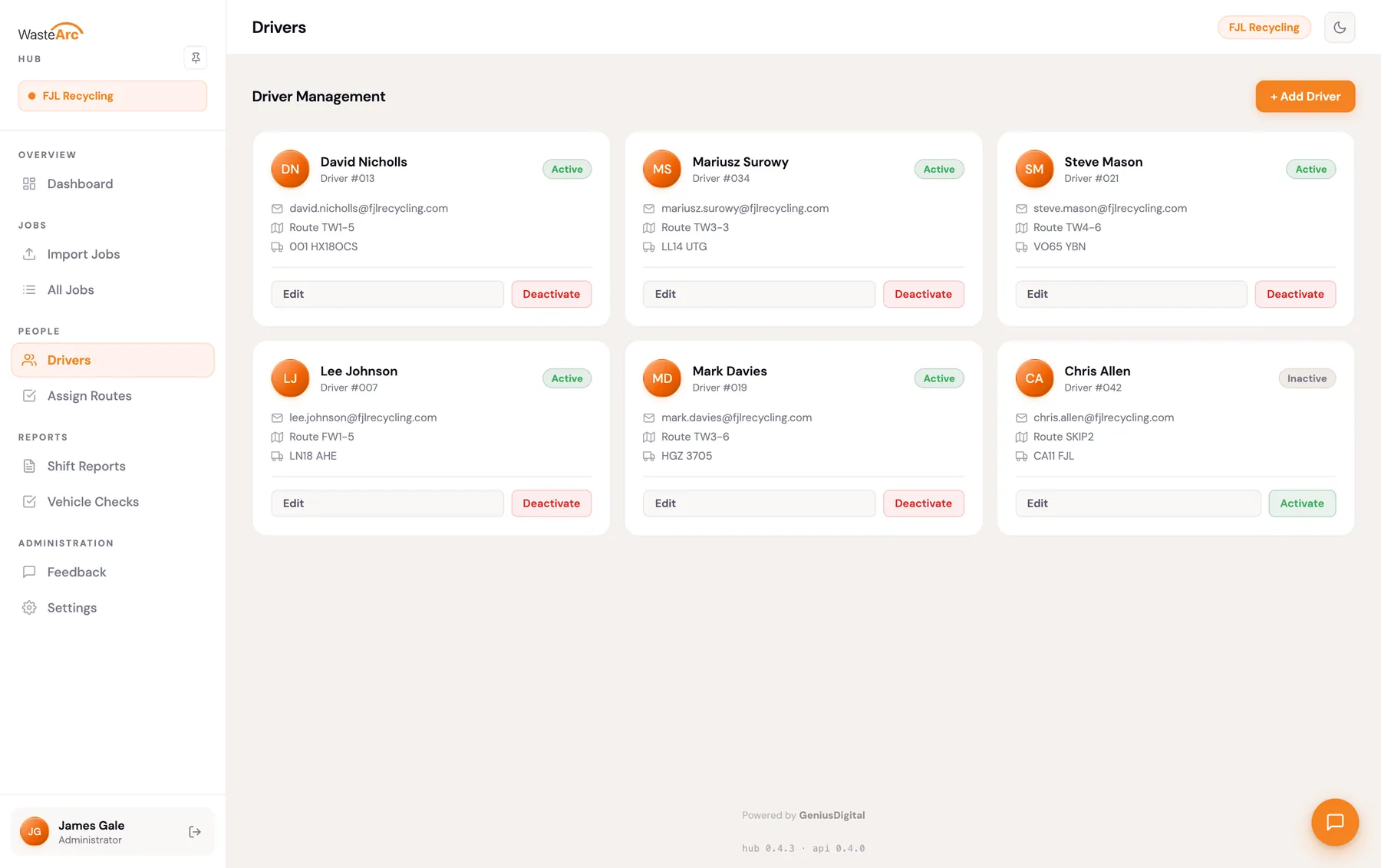 Driver management in the WasteArc Hub, with a card for each driver showing their status, assigned route and vehicle