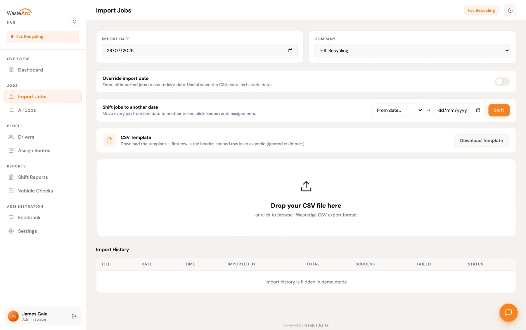 Drag-and-drop CSV booking import in the WasteArc Hub, with each row showing its own import progress