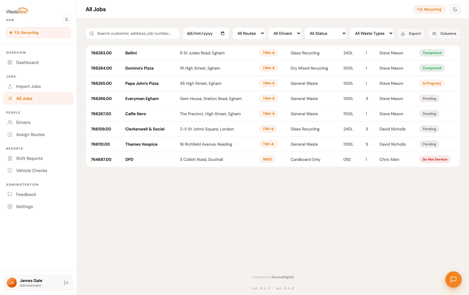 The jobs view in the WasteArc Hub, listing the day's work in a browser
