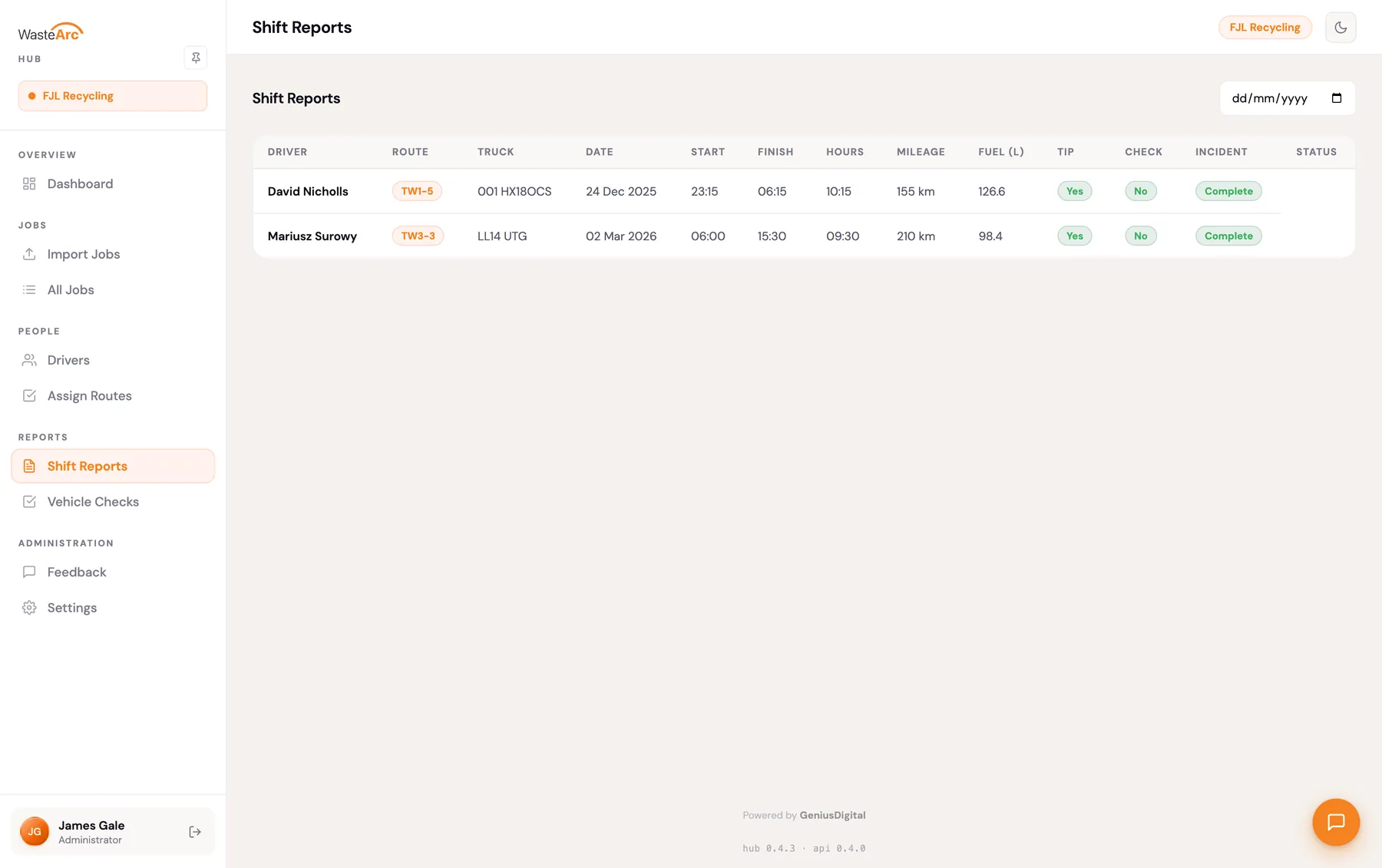 Completed shift reports in the WasteArc Hub, listing mileage, fuel and incidents for each driver's day