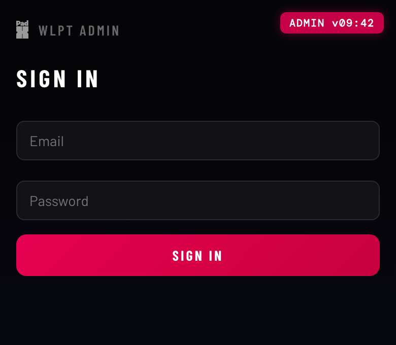 The WLPT admin console sign-in screen with email and password fields, a magenta sign-in button and the admin version badge top right.