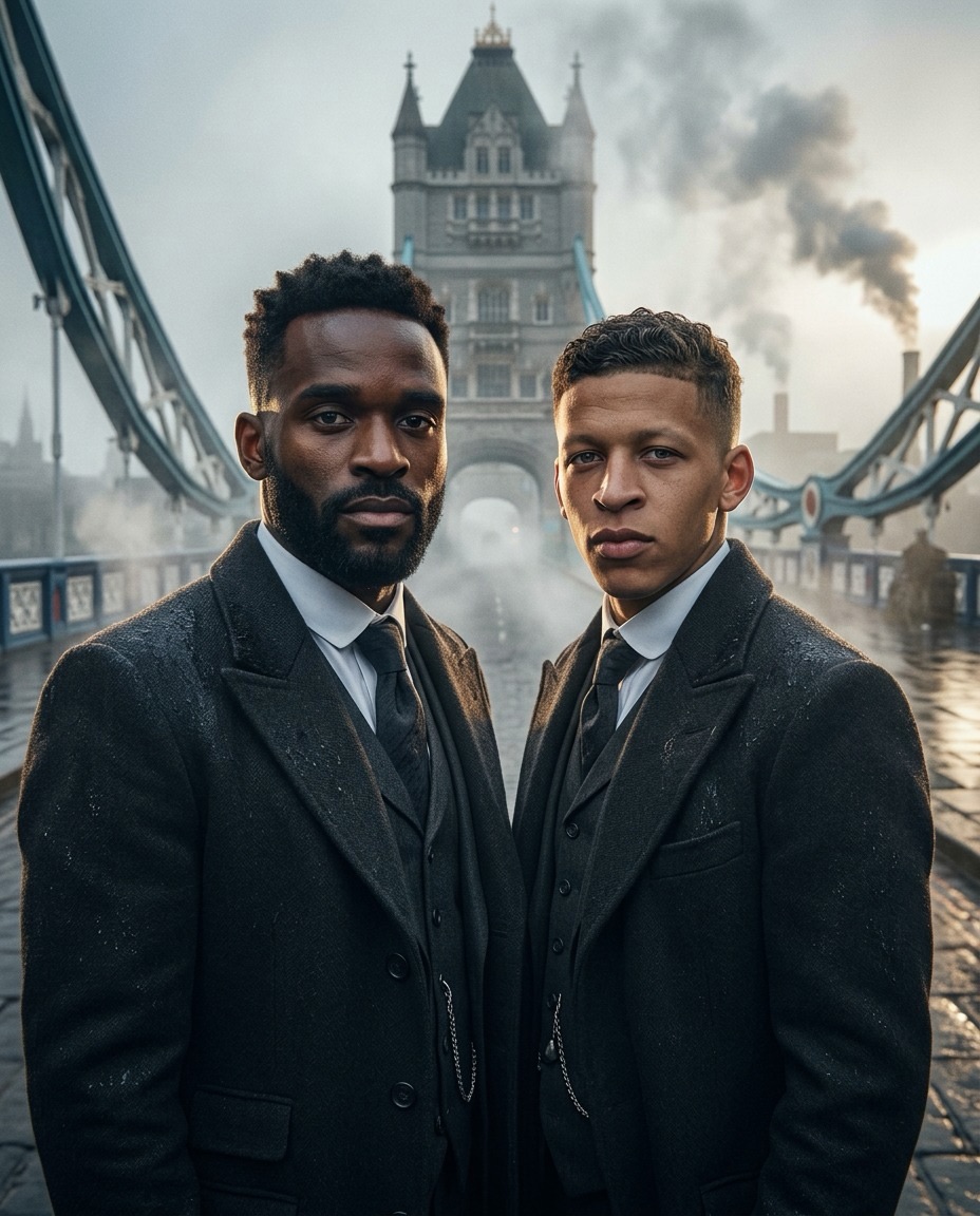 Stylised pair portrait of Darren Bent and Dwight Gayle in dark overcoats on Tower Bridge, smoke drifting across the sky behind the north tower.