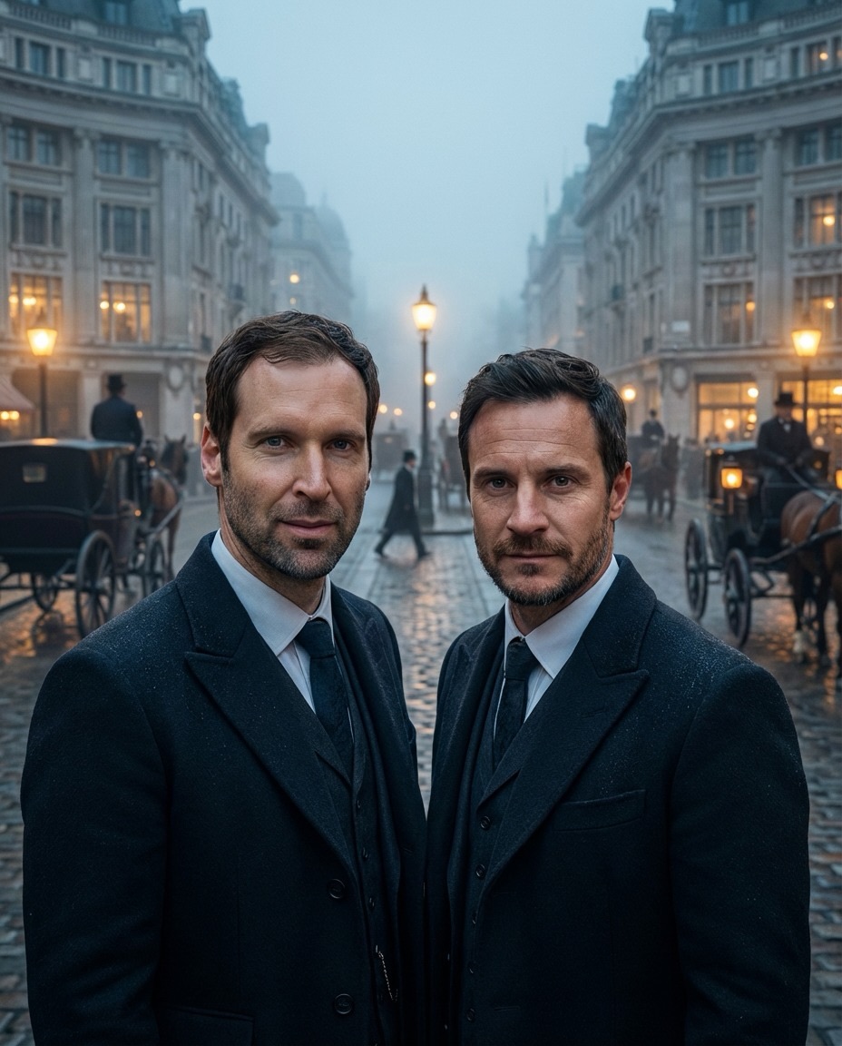 Stylised pair portrait of Petr Čech and Carlo Cudicini on a lamplit cobbled street, horse-drawn carriages waiting in the fog behind them.