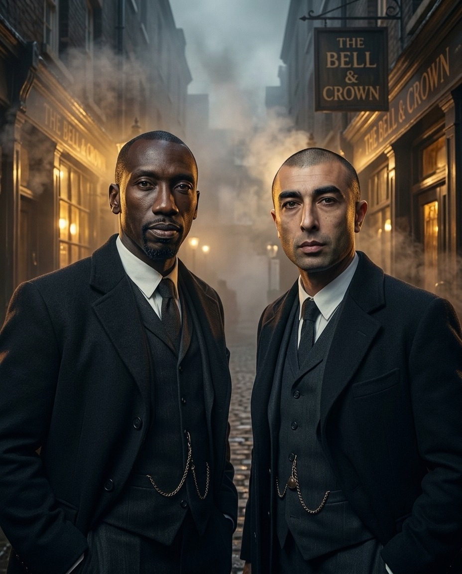Stylised pair portrait of Jimmy Floyd Hasselbaink and Roberto Di Matteo in a smoky lamplit alley outside a pub signed The Bell and Crown.