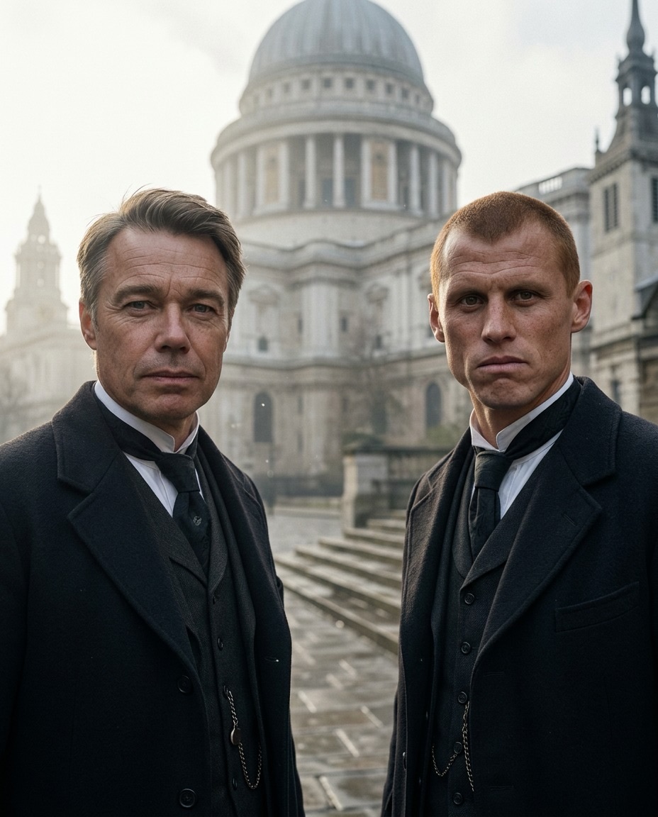 Stylised pair portrait of Graeme Le Saux and Steve Sidwell before the dome of St Paul's Cathedral in pale morning haze.