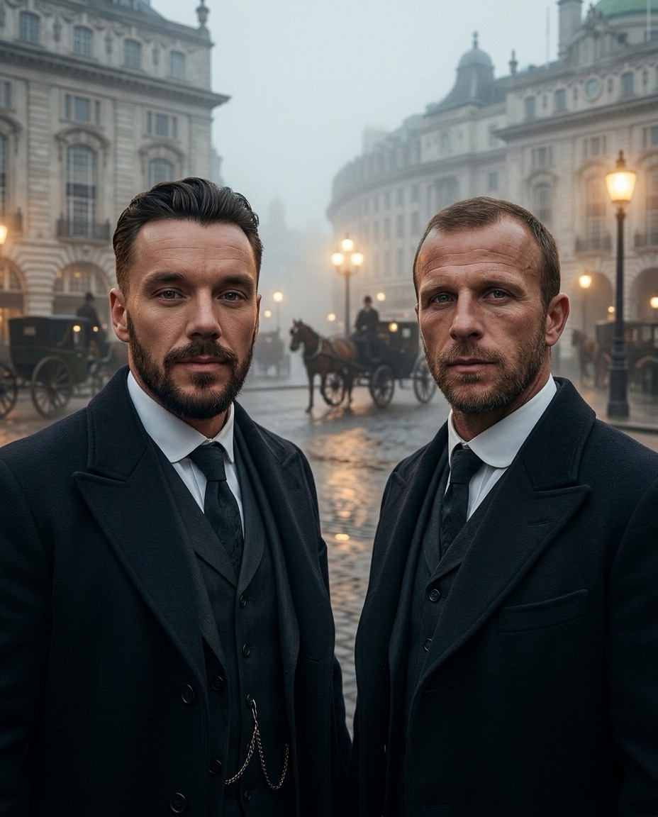 Stylised pair portrait of Jamie O'Hara and Jody Morris on a foggy gaslit square, a horse-drawn cab passing between the buildings behind them.
