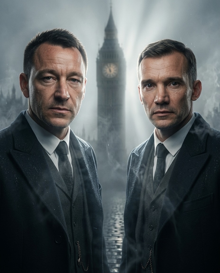 Stylised pair portrait of John Terry and Andriy Shevchenko in dark tailored suits, the clock tower of Big Ben rising through the mist behind them.