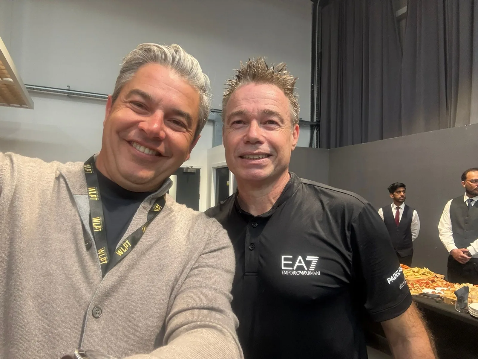 Graeme Le Saux in EA7 kit with a member of the PadX and Genius Digital Labs team in the players' lounge.